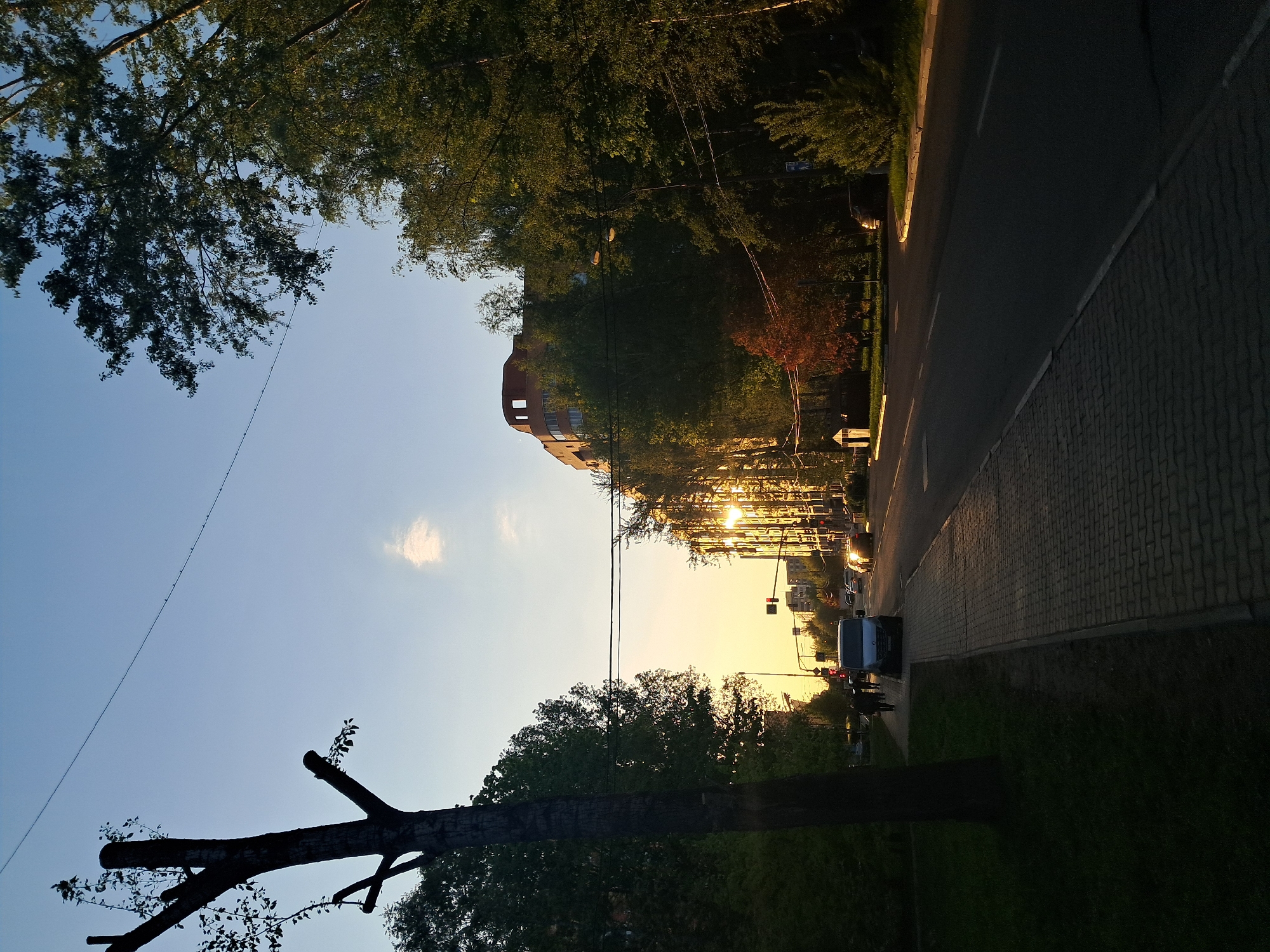 The image depicts a street scene in Mytishchi, Russia, at sunset. The view is from the sidewalk, looking down the street. Trees line both sides of the street, with buildings visible in the background. The setting sun creates a golden glow that washes over the scene. In the foreground, a tree trunk with trimmed branches rises from the grassy area near the sidewalk. A car is parked along the side of the road. Several people walking on the sidewalk. A building with a distinctive circular tower is visible amidst the trees. Power lines stretch across the sky.