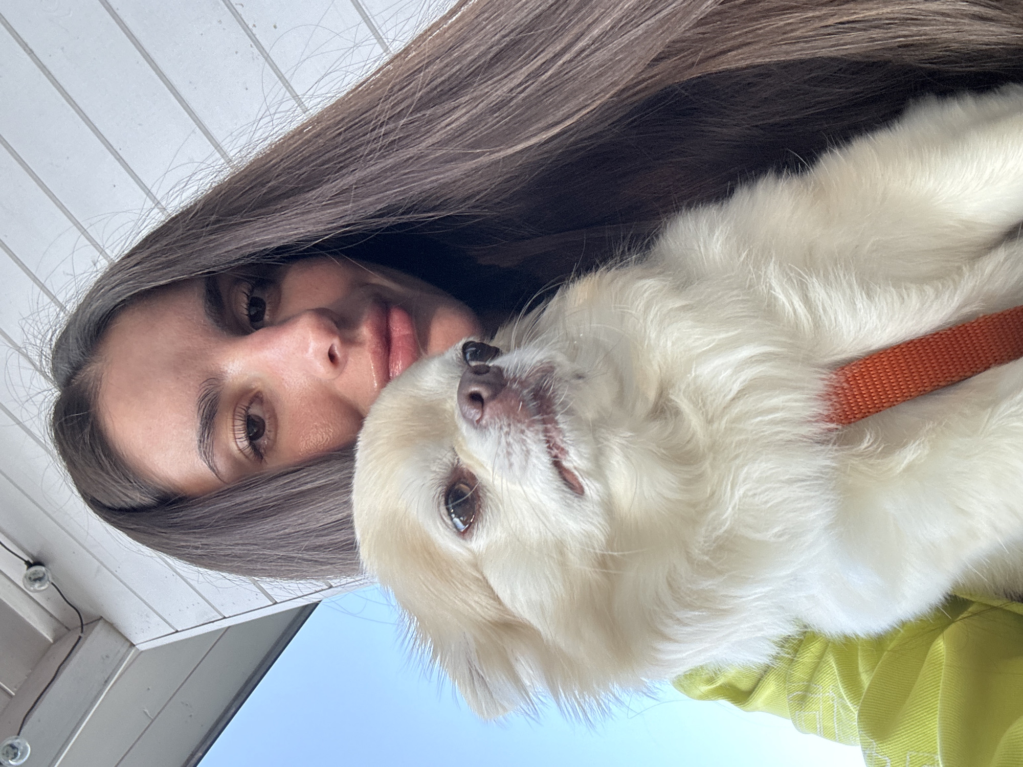 In Romashkovo, Russia, a woman with long brown hair is holding a small, cream-colored dog. The dog's fur is long and fluffy, and it has dark eyes and a pinkish-brown nose. A bright orange collar is visible around the dog's neck. The woman is wearing a bright green jacket. They are outdoors, with a clear blue sky in the background and a white, slatted structure above them. The image is a selfie, with the camera angled slightly upwards.
