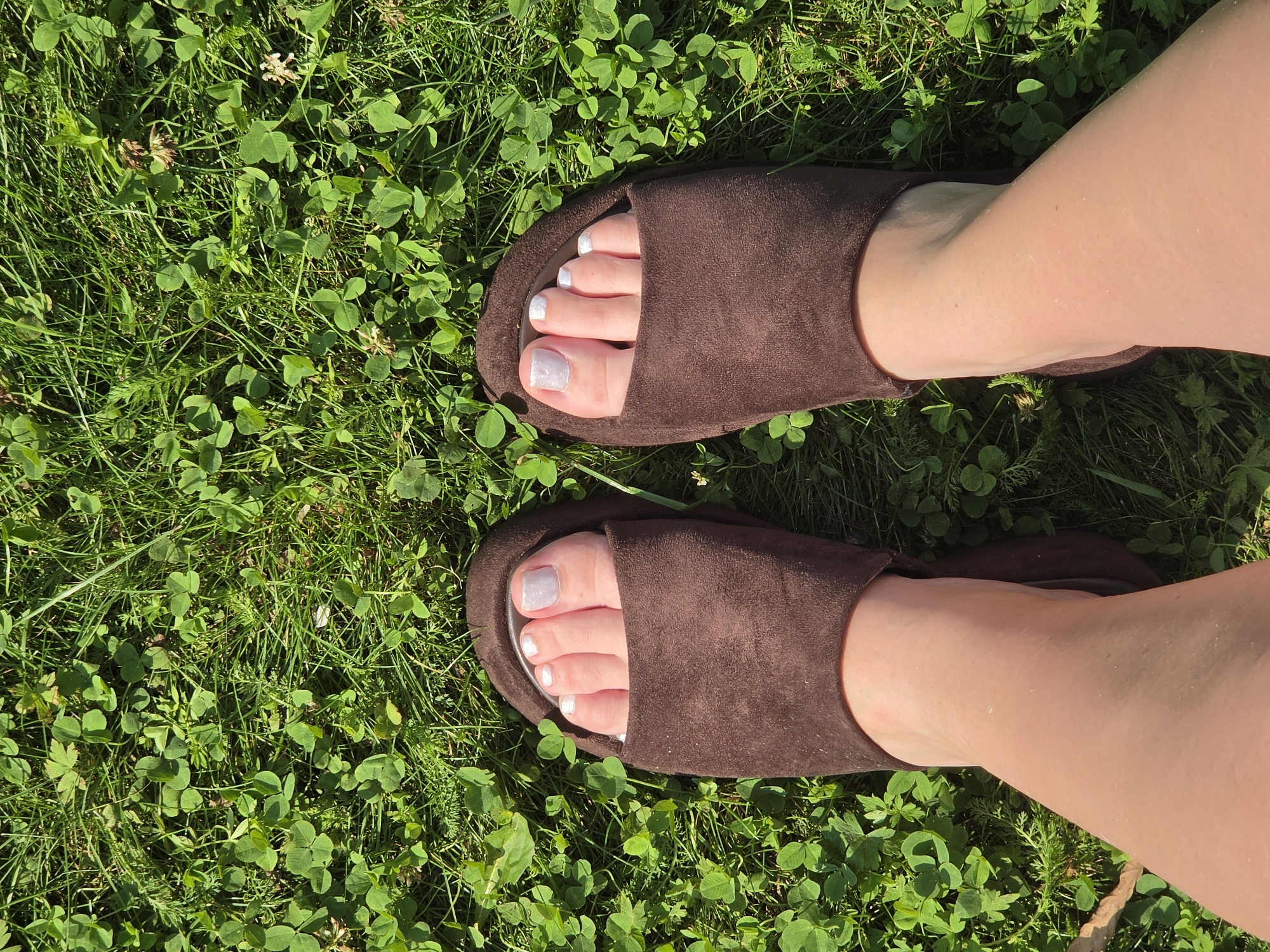 An overhead, eye-level, medium shot captures a pair of bare feet adorned with white toenail polish, emerging from dark brown, open-toed slippers. The feet are positioned centrally in the frame, against a backdrop of lush, green grass and clover. The lighting suggests a sunny outdoor environment. The location of Нагорный, Russia is not depicted or implied in the image.