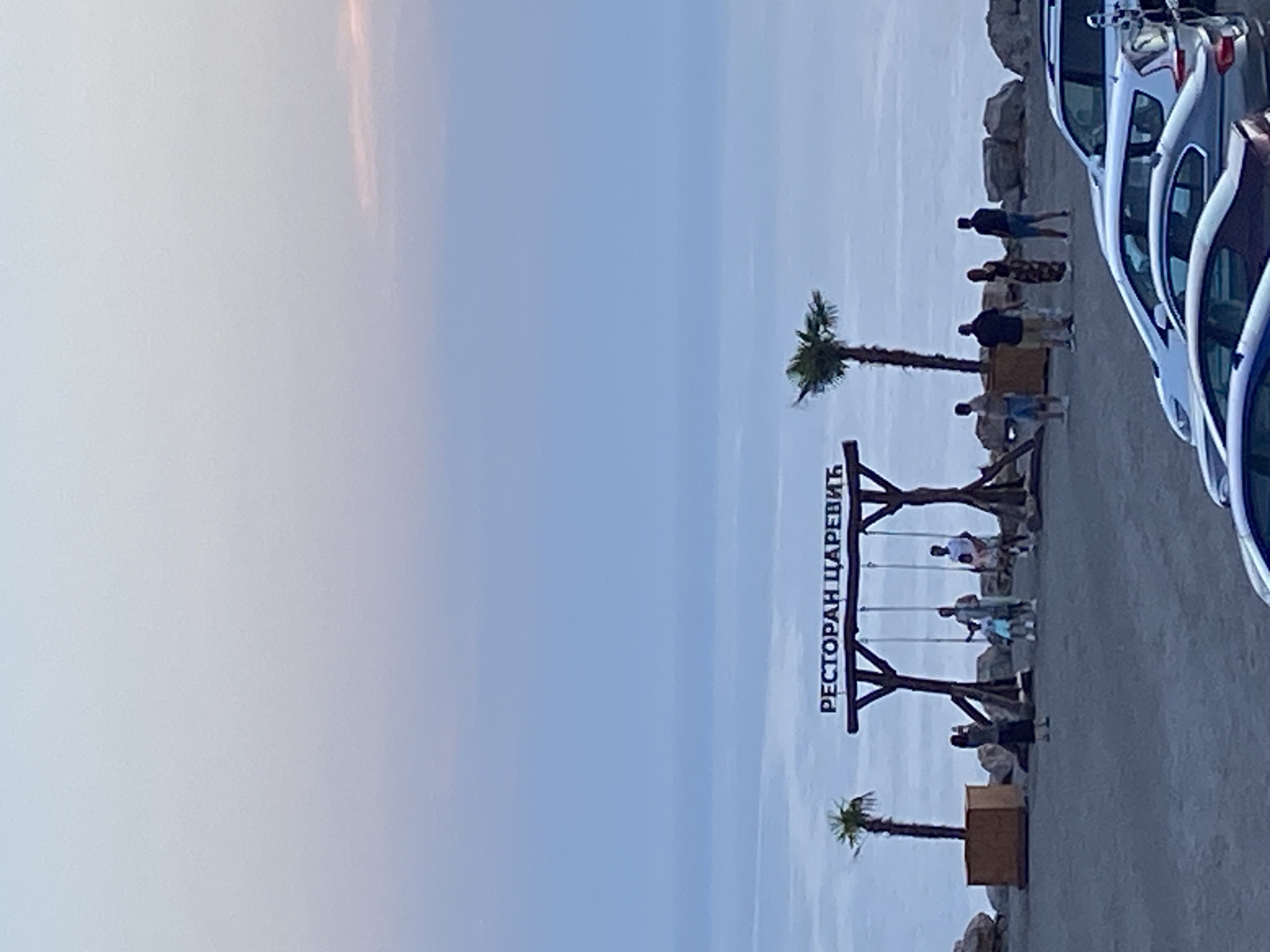 The image depicts a restaurant sign that reads "РЕСТОРАН ЦАРЕВИЋ" (Restaurant Tsarevich) near Kovačko Polje, Montenegro. The sign is mounted on a wooden swing set structure overlooking a body of water. There are several people visible near the swings, some appearing to be children, with adults supervising. Two palm trees are present, one to the left of the swing set and another to the right. In the foreground, several cars are parked on a paved surface. The overall setting suggests a scenic location with outdoor dining or recreational facilities by the water, possibly during dusk given the lighting conditions.