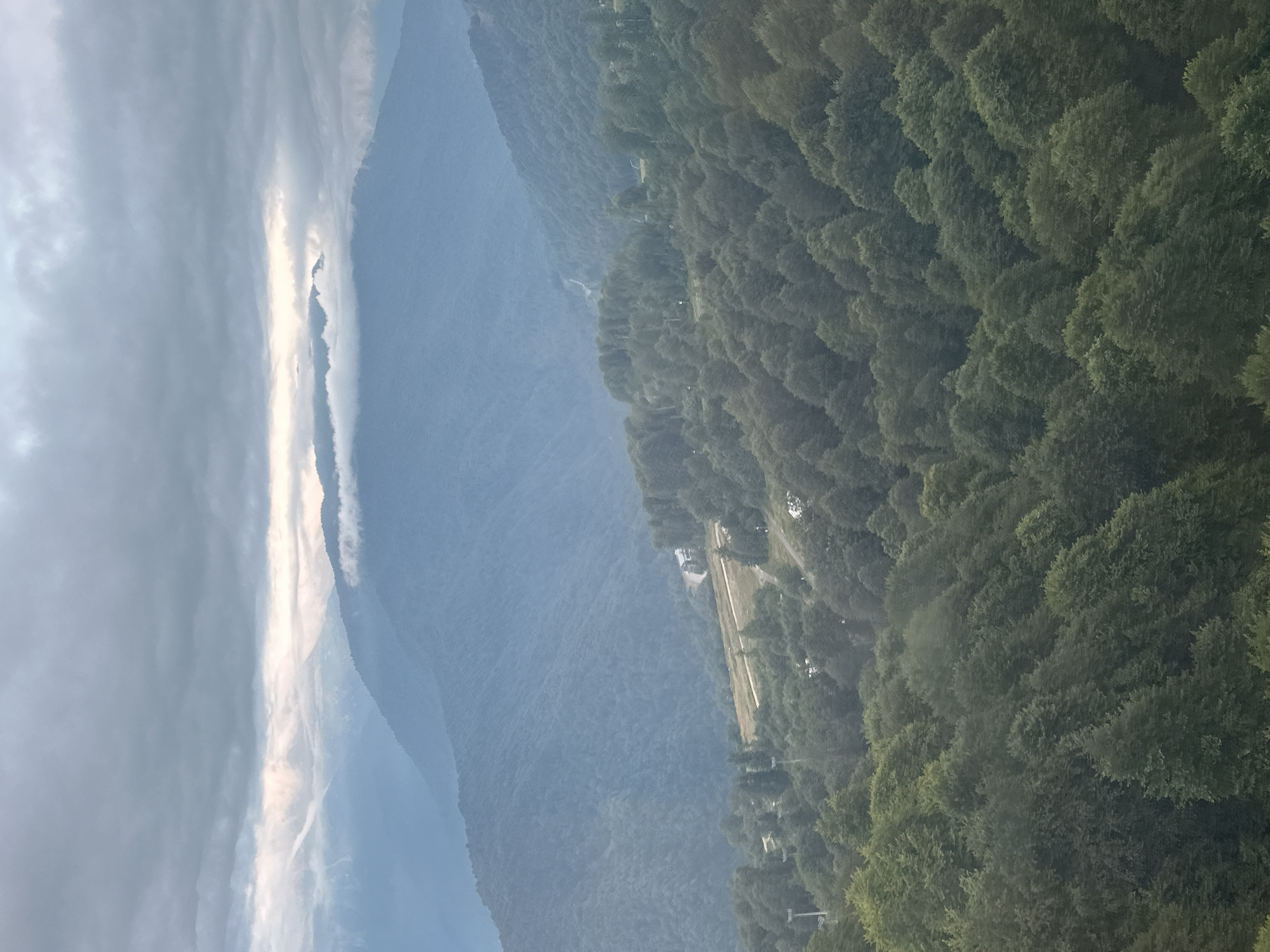The image captures a wide view of a mountainous landscape, likely in or near Estosadok, Russia. In the foreground, a dense forest of green deciduous trees covers the steep slopes. Further back, the terrain transitions to sparser trees and cleared areas, possibly ski slopes or hiking trails, with a road visible winding its way up. In the mid-ground, the mountains are covered in a uniform layer of green trees, fading into a hazy blue in the distance. The background reveals progressively more distant mountain ranges, shrouded in atmospheric perspective. The sky is overcast with heavy gray clouds, but a sliver of bright light breaks through in the distance, illuminating the peaks. There are no people or discernible human activity in the visible portions of the image, emphasizing the natural, untamed environment.