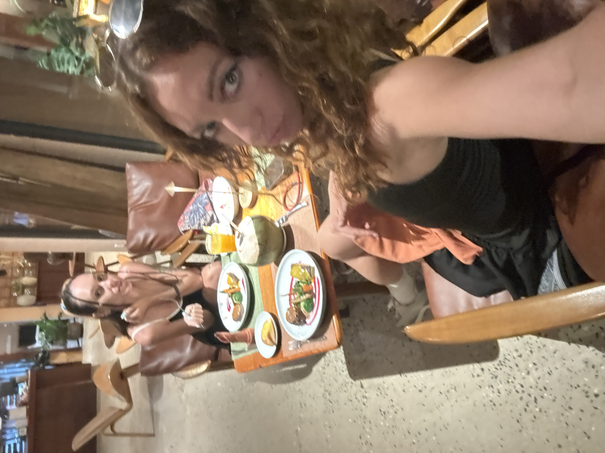 The image shows two women seated at a table in a restaurant, likely in Nam Hoa Lư Ward, Vietnam. The woman in the foreground is taking a selfie, with her head and shoulders filling the right side of the frame. She has curly brown hair and is wearing a black tank top. She is looking towards the camera with a slightly pouty expression. The second woman is seated opposite her, to the left of the frame. She has dark hair pulled back and is wearing a black top with spaghetti straps. She is looking down at her food.
On the table are two plates of food, a whole coconut, a glass of orange juice, and cutlery. The food on the plates appears to be a main course with vegetables and sauce. The environment suggests an indoor dining setting with warm lighting and wooden furniture. Chairs are visible, one of which is a distinctive mid-century modern design in the background. The floor appears to be a speckled concrete material. The overall impression is of a casual meal being shared between two friends.