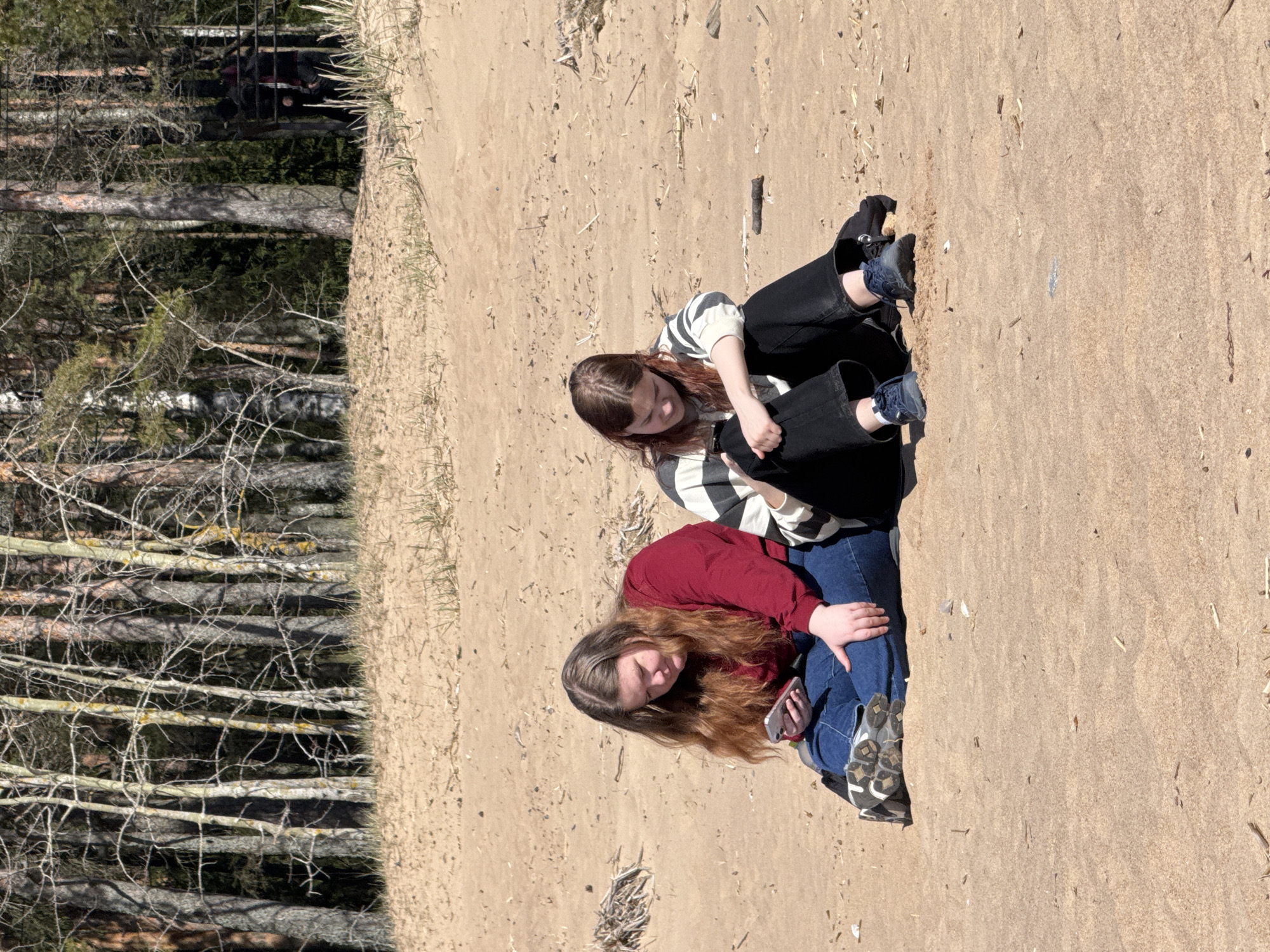 Two young women are sitting on a sandy beach. One woman is wearing a red long-sleeved shirt and blue jeans, and the other is wearing a black and white striped shirt and black pants. They are positioned close to each other. The backdrop shows trees, suggesting the edge of a forested area next to the beach. The beach appears sparsely populated with bits of driftwood scattered on the sand. The location is likely Repino, Russia.