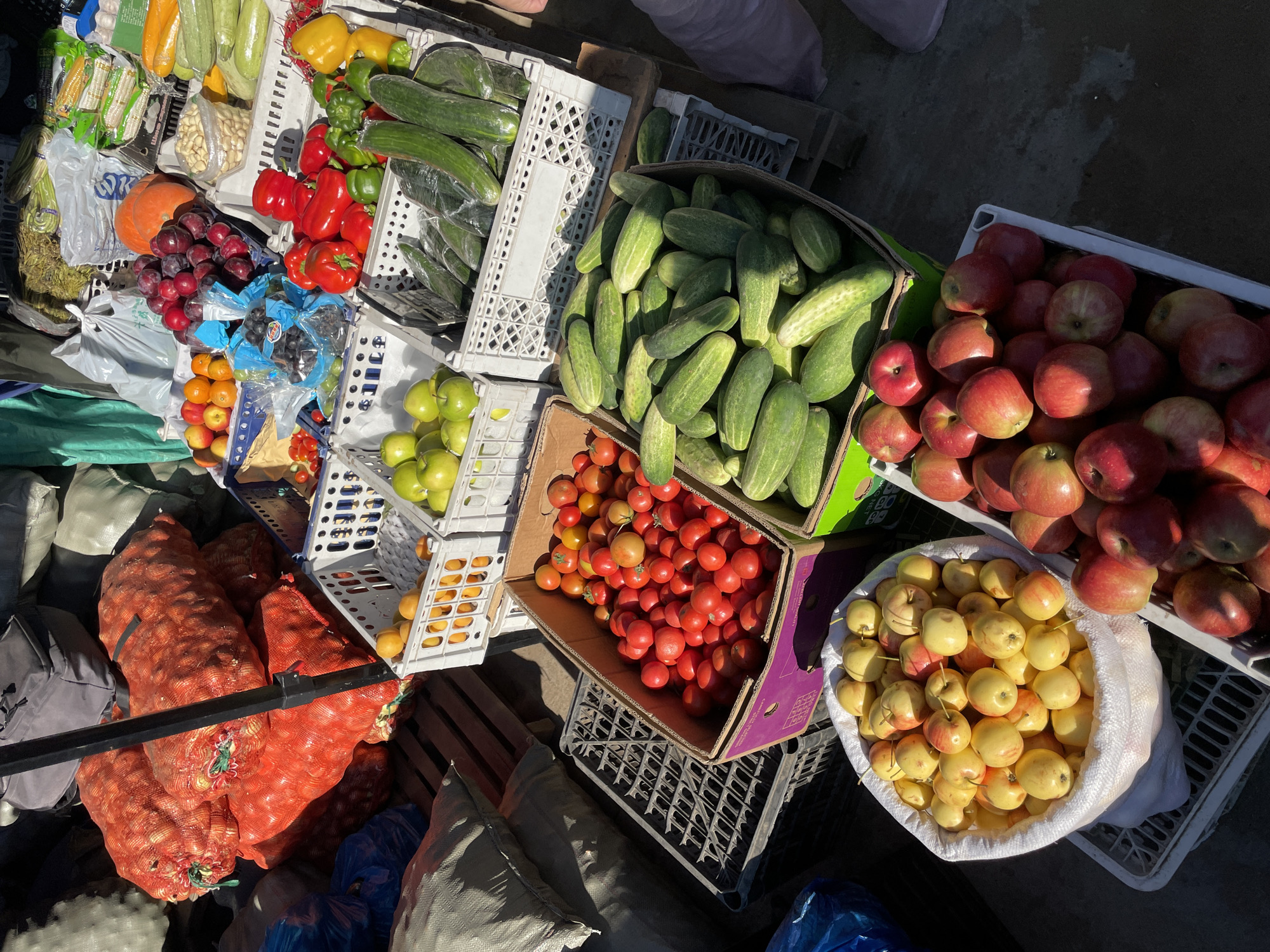 The image depicts an outdoor market stall in Ulaanbaatar, Mongolia, filled with a variety of fresh produce. The foreground features a large white sack overflowing with light yellow and reddish apples. To the right, a white crate is filled with red apples. A large cardboard box in the center is packed with small red cherry tomatoes. Next to it, a green cardboard box contains a substantial pile of cucumbers, some of which are wrapped in plastic. Further back, another cardboard box holds more cucumbers. In the upper right section, there are bins containing bell peppers in red and green, alongside yellow bell peppers and other vegetables like zucchini and corn on the cob. A pile of red grapes and some orange fruits, possibly apricots or plums, are also visible. In the background, large red mesh bags are filled with onions, and some grey and green sacks are stacked. The lighting suggests it is daytime, with strong shadows cast on the ground. No people are clearly visible in the scene.