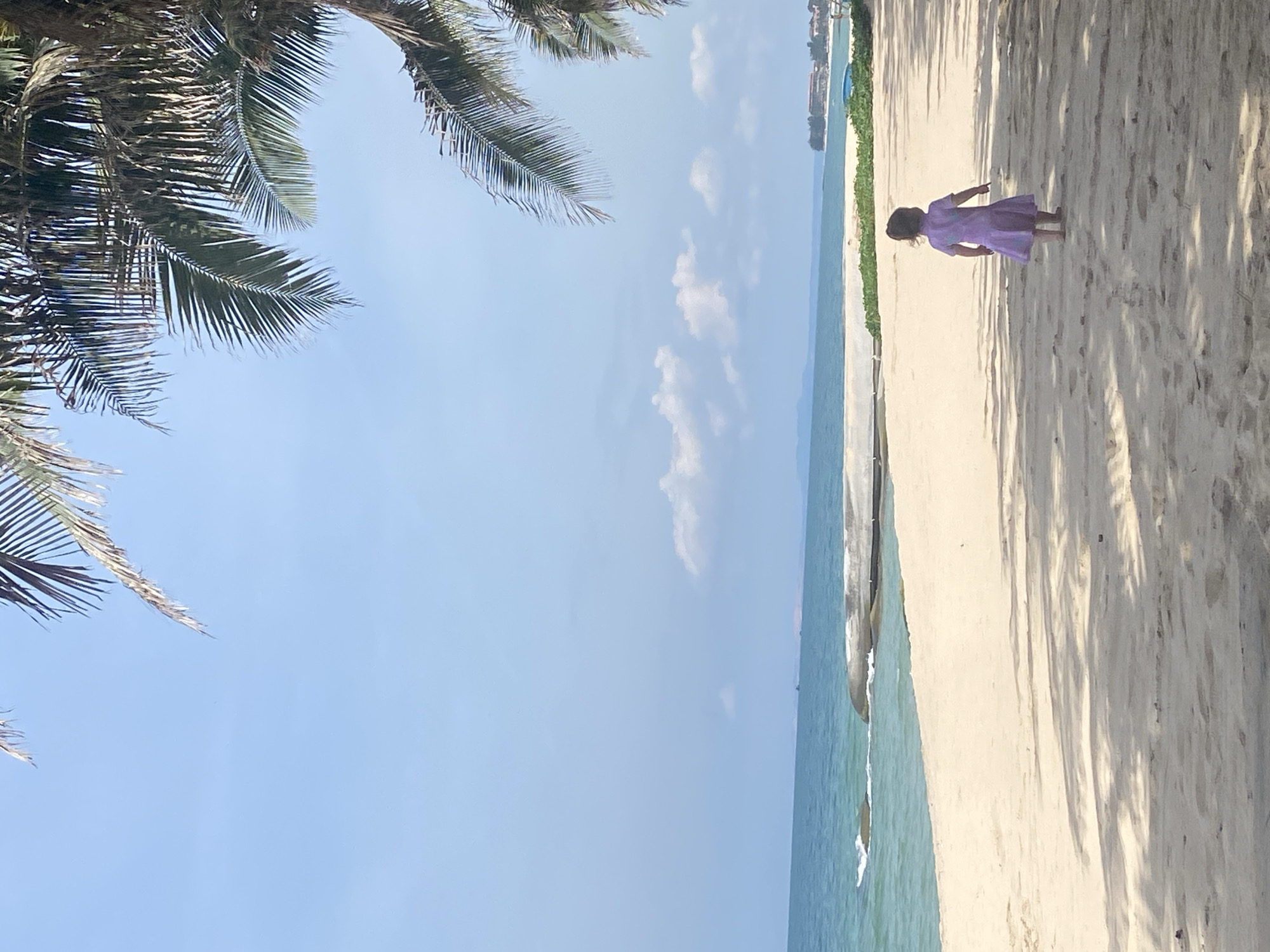 This media file captures a serene beach scene in Phu Thuy Ward, Vietnam, under a clear blue sky with a few scattered clouds, suggesting a bright, sunny day. The image is oriented vertically, with palm fronds framing the top left portion, hinting at a tropical or subtropical location.
The primary subject is a young child, seen from the back, wearing a light purple dress. The child stands on a sandy beach, facing the turquoise ocean. The child is pointing towards something out of frame, possibly towards the water or something in the distance, suggesting a moment of curiosity or engagement with the environment. The sand is light-colored and appears soft, with dappled shadows from unseen trees casting a textured pattern across it, indicating it's likely mid-morning or afternoon.
The ocean stretches out to the horizon, its color transitioning from a lighter turquoise near the shore to a deeper blue further out. Gentle waves are visible breaking near the coastline, adding to the tranquil atmosphere. In the far distance, faint structures can be seen along the coast, suggesting a developed area beyond the immediate beach. The overall mood is peaceful and idyllic, highlighting a simple moment of a child enjoying a beach day. There is no visible text in the image.