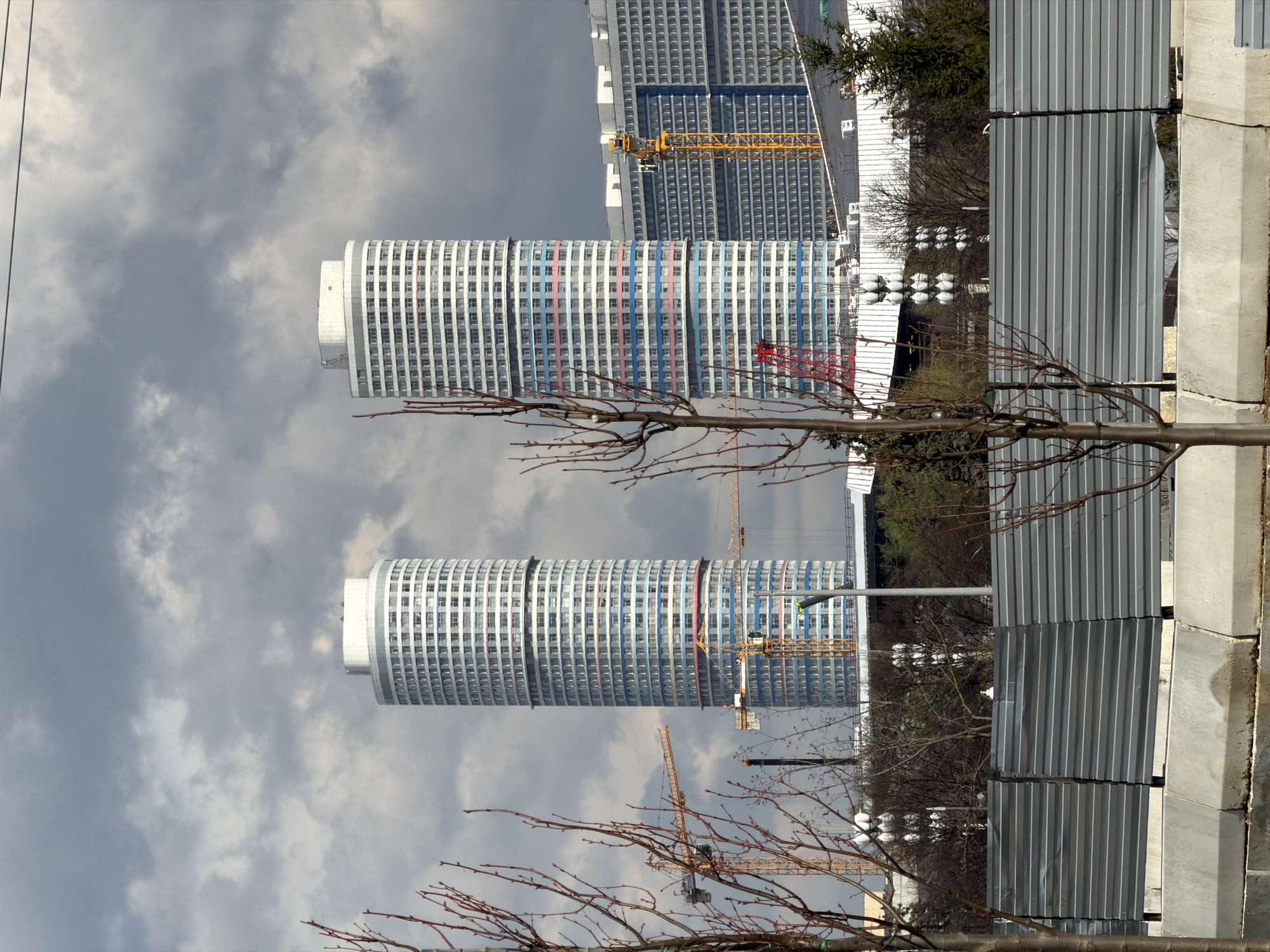 The image captures a modern urban landscape, likely an active development site, under an overcast sky. Two prominent, tall, cylindrical high-rise buildings dominate the mid-ground. These buildings feature numerous grid-like windows and are encircled by distinct horizontal bands of color in shades of red, blue, and pink, interspersed with white and grey sections.
In the background, several other multi-story, rectangular buildings are visible, some appearing complete and others potentially still under construction. Multiple bright yellow tower cranes are scattered throughout the scene, one notably positioned between the two main cylindrical buildings, and others further back, indicating extensive ongoing building work. A smaller red crane is also visible.
In the foreground, the bare, thorny branches of a deciduous tree, possibly in early spring before leafing out, frame the lower and left parts of the scene. On the right, a corrugated metal fence or barrier and concrete posts or barriers are visible, suggesting the perimeter of a construction site or roadside demarcation. The sky is largely grey with scattered clouds, providing soft, diffuse lighting. No discernible text is visible in the image. Given the context, this scene likely depicts a modern building development in Moscow, Russia.