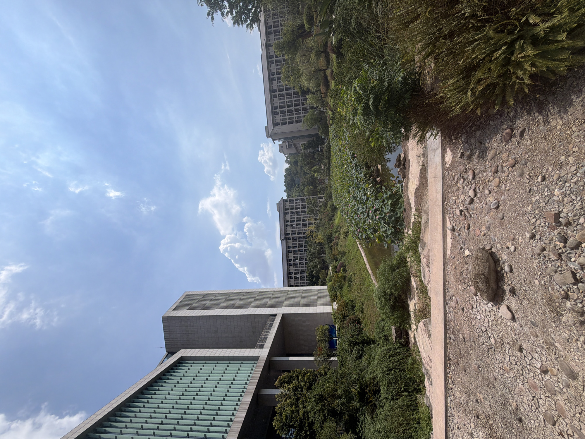 This is a medium shot, taken from a low angle, of a modern campus with a natural water feature. The foreground consists of a dry, gravelly path with a large stone and scattered smaller rocks. A beige concrete walkway borders the path on the left, leading towards lush green bushes and trees.
In the midground, a serene pond is filled with dense lily pads, with a few pink lotus flowers visible. A narrow body of water, likely a stream or canal, runs through the pond. The background is dominated by modern, multi-story buildings, characteristic of an institutional or educational campus. These buildings are constructed with grey and glass facades and have a symmetrical, repeating pattern of windows.
To the left, a prominent, modern building features a striking green, vertical-ribbed facade and a grey concrete structure. Behind it, several other buildings are visible, nestled amongst the trees and hills. The sky above is a clear blue, dotted with fluffy white clouds, indicating a bright, sunny day. The overall impression is one of a well-maintained and aesthetically pleasing campus environment, blending modern architecture with natural landscaping. The location is identified as the Jiangjin District of Chongqing, China, likely a university or research institution campus.