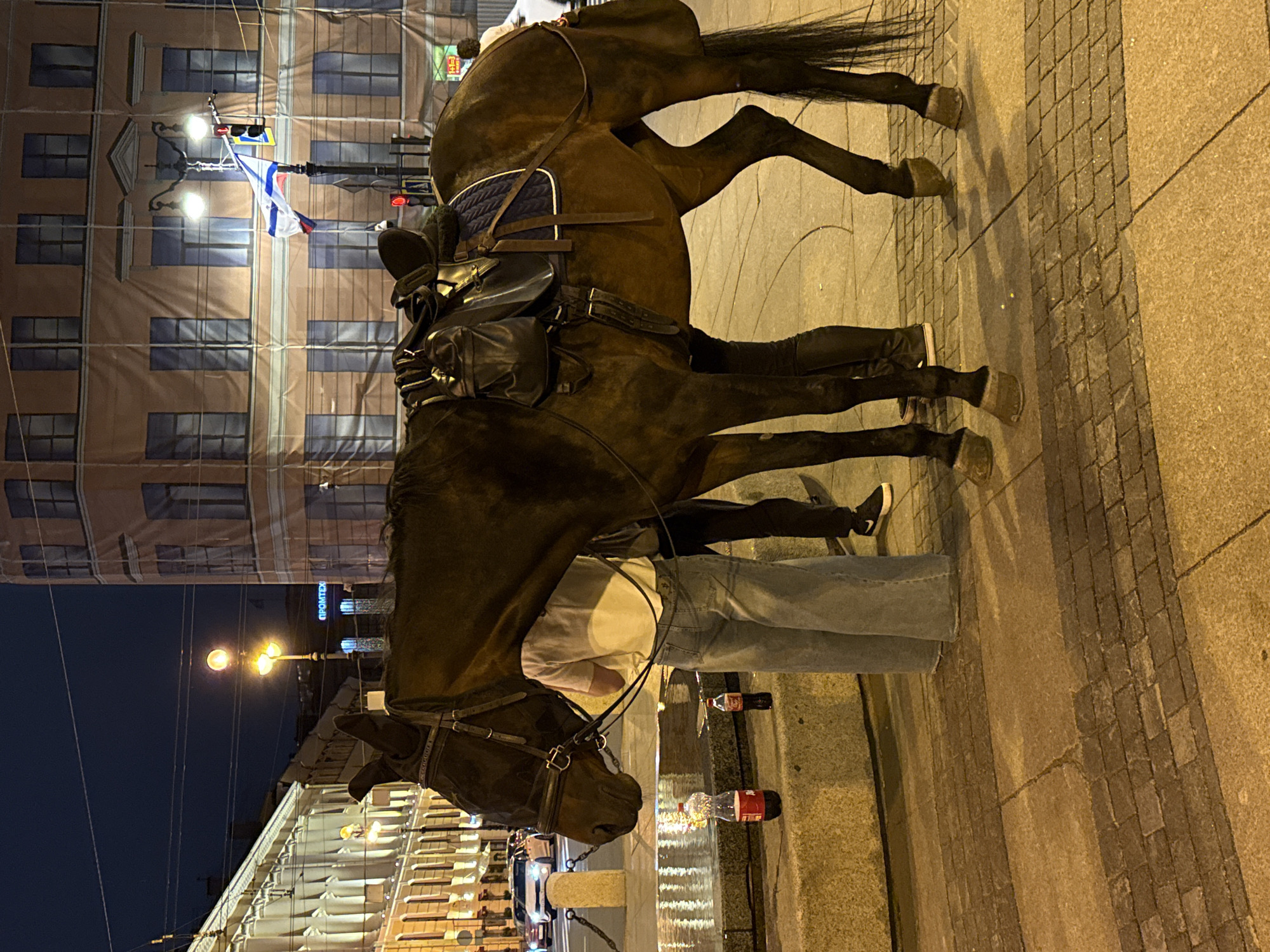 A brown horse is standing on a paved sidewalk next to a fountain. The horse is saddled and appears to be waiting for a rider or to be led. There are two bottles of Coca-Cola next to the fountain. A person in light-colored jeans and a t-shirt is standing next to the horse, holding the reins. Another person is partially visible behind the horse. In the background, there is a building with scaffolding and a large banner covering its facade, suggesting ongoing construction or renovation. Streetlights and traffic signals are visible, indicating an urban setting at night. The architecture and the presence of a flag with Russian colors suggest the location is Saint Petersburg, Russia, likely a tourist area.