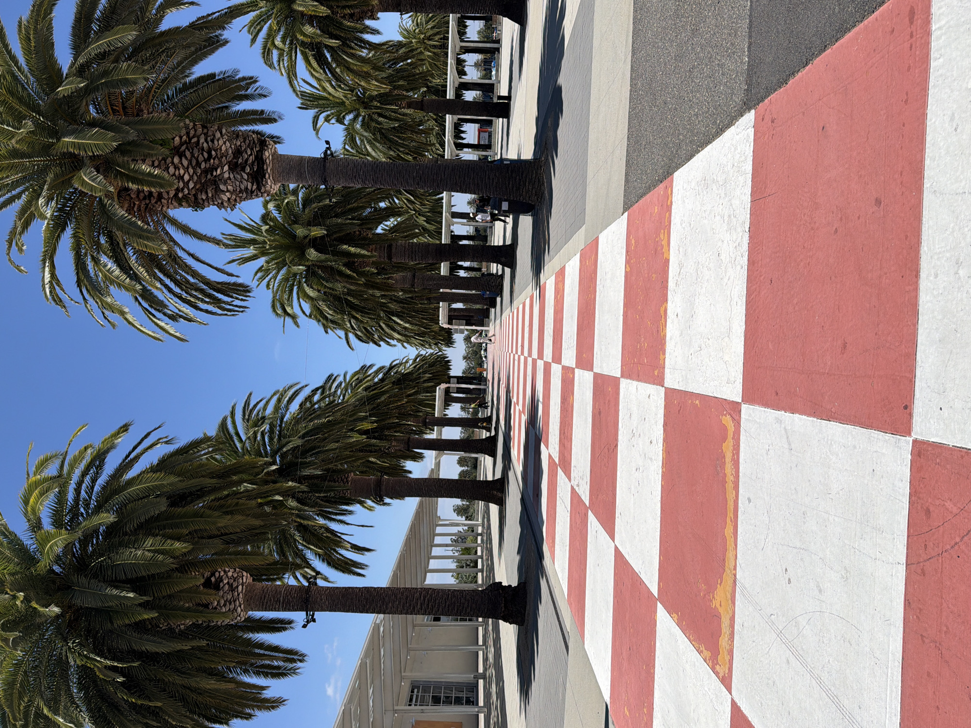 A wide, red and white checkered path leads into the distance, flanked by rows of palm trees on either side. The path appears to be made of concrete with painted squares. In the background, to the left, is a modern building with a white roof supported by columns. To the right, there are more palm trees and some parked cars. The sky is clear and blue. A few people are visible in the distance, walking along the path or near the buildings. The scene suggests a sunny day in a public outdoor space. This location is likely the Irvine Spectrum Center in Irvine, California, an outdoor shopping and entertainment complex known for its palm tree-lined walkways and red and white checkered pavement.