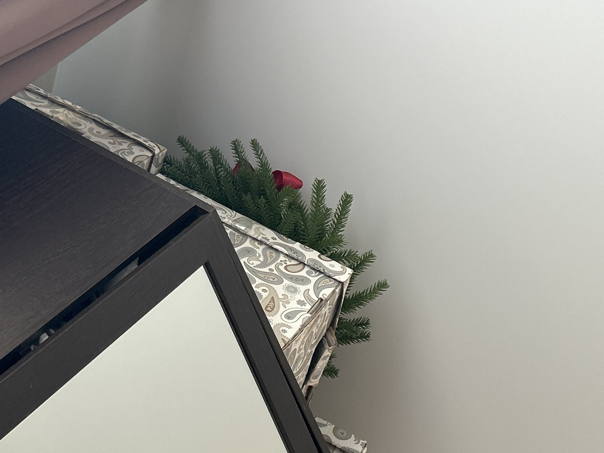 The image shows a portion of a dark brown wooden dresser or shelving unit. Adjacent to the dresser is a patterned box with green evergreen branches and a red bow protruding from the top. The background is a plain, light-colored wall. The location is unknown.