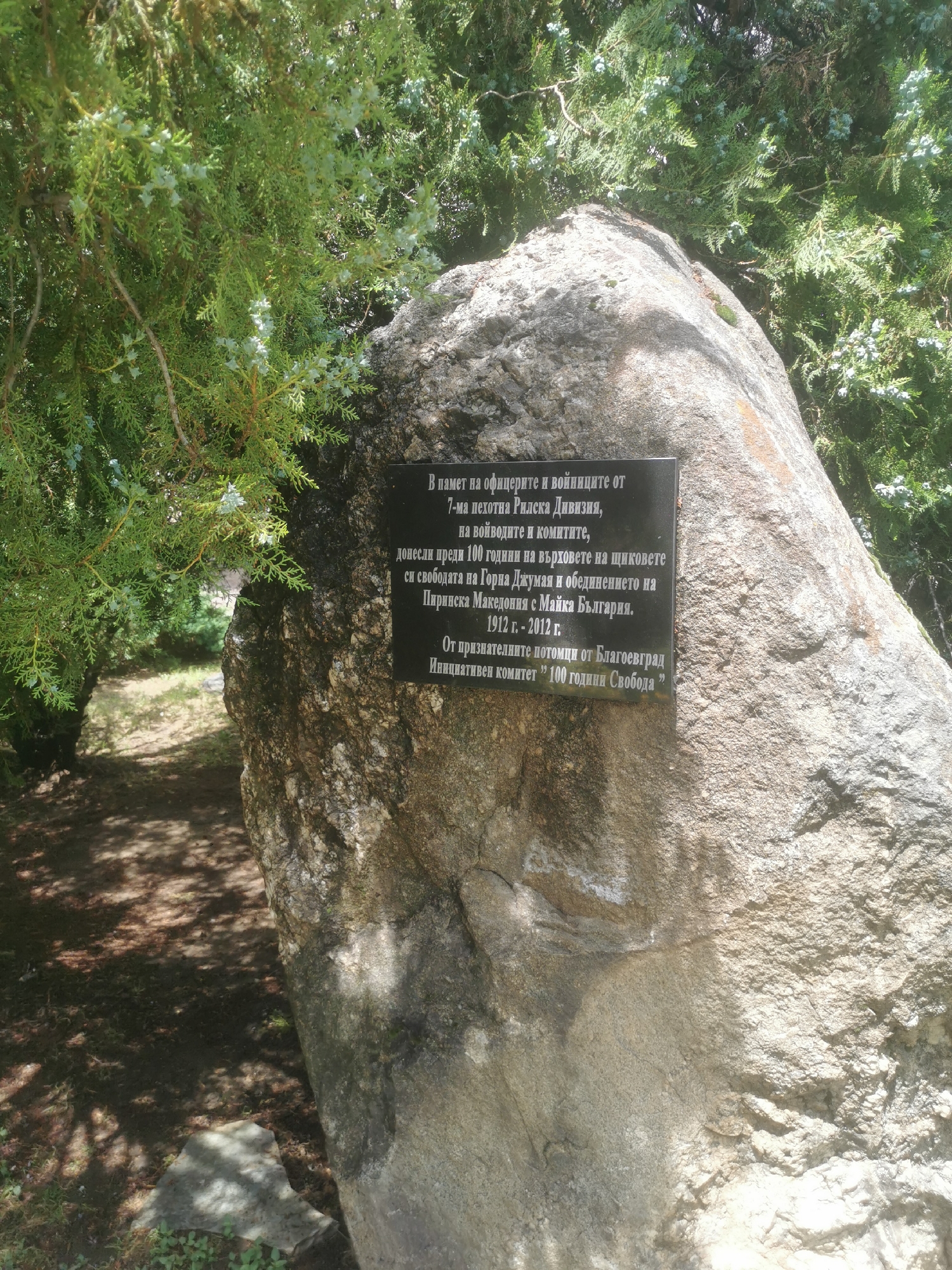A large, rugged natural rock stands prominently in an outdoor setting, serving as a memorial. A rectangular black plaque is affixed to its front, featuring white Cyrillic text. The rock itself is a blend of grey and brown tones, with textured surfaces showing moss or lichen in places and catching bright sunlight on its upper parts.
Surrounding the memorial are lush green branches of coniferous trees or bushes, possibly junipers, with small, light-colored berries or cones visible among the needles. These branches frame the rock from above and to the left, creating a natural, somewhat shaded environment. The ground beneath is covered in dark earth and fallen debris, with dappled sunlight breaking through the foliage, casting shadows.
The plaque commemorates a historical event and reads:
"In memory of the officers and soldiers of the
7th Rila Infantry Division,
of the voivodes and comites,
who, 100 years ago, brought on the points of their bayonets
the freedom of Gorno Djumaya and the unification of
Pirin Macedonia with Mother Bulgaria.
1912 - 2012.
From the grateful descendants from Blagoevgrad
Initiative Committee "100 Years of Freedom""
The text indicates that the memorial was erected in 2012, marking 100 years since the events of 1912. The setting, likely in Blagoevgrad, Bulgaria, appears peaceful and reflective, bathed in bright daylight.