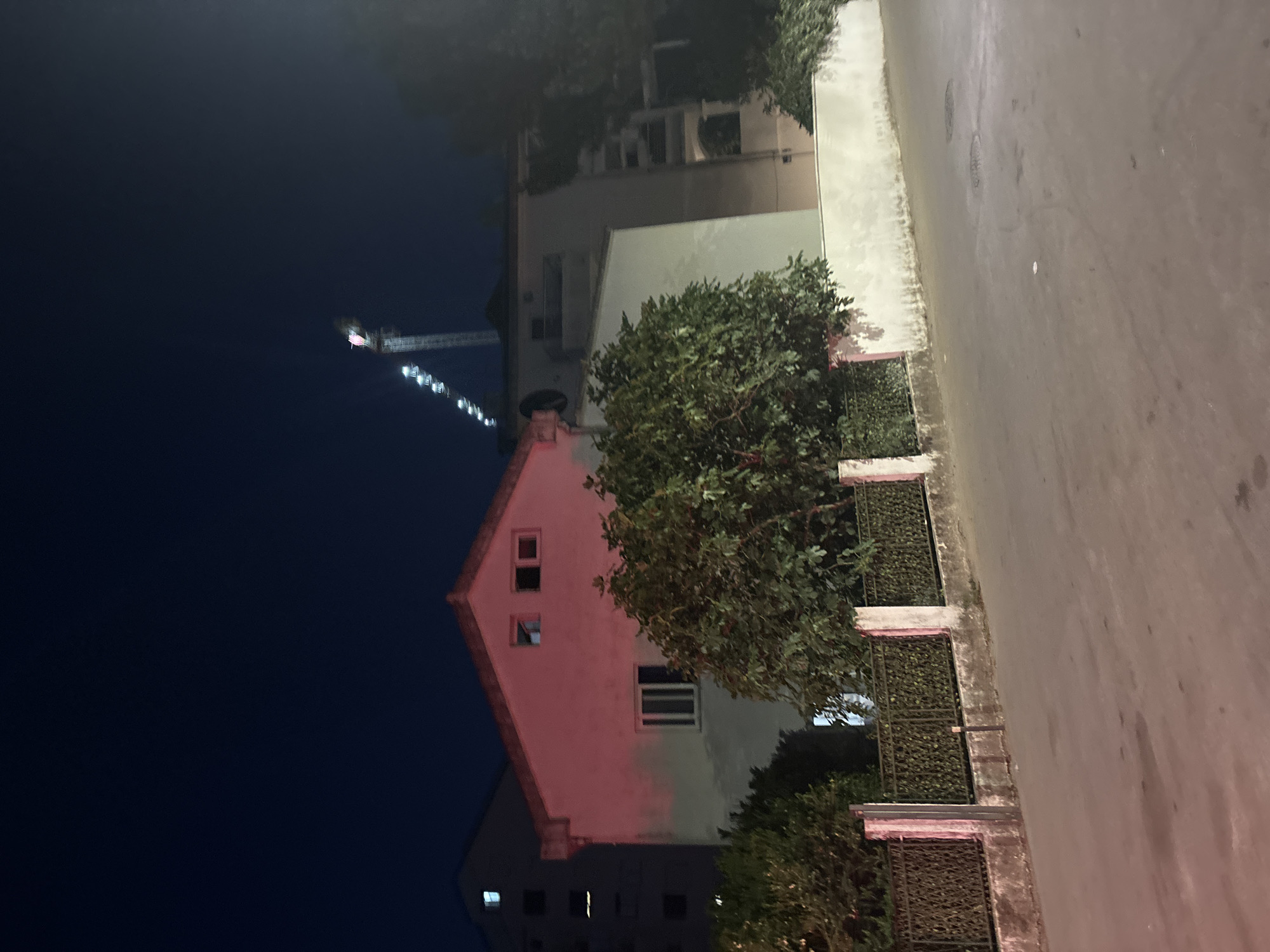 The image depicts an outdoor scene at night in Budva, Montenegro. In the foreground, a paved road with some wet patches is visible. A low, ornate metal fence with decorative scrollwork and concrete posts runs along the edge of the road, bordering a property with lush green foliage. Beyond the fence, a light-colored building with a pinkish hue is prominent. This building has a pitched roof and several windows, two of which are visible on the upper level. Adjacent to this building is a taller, darker building with multiple windows. In the background, a construction crane with illuminated lights is visible against the dark night sky, suggesting ongoing development in the area. The overall atmosphere is nocturnal, with artificial lighting from the buildings and the crane illuminating the scene.