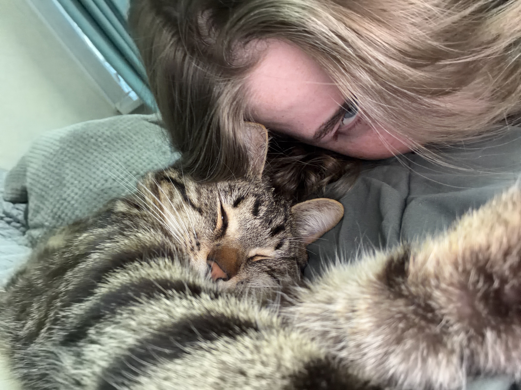 A person with long blonde hair lies next to a tabby cat. The cat is lying down, with its eyes closed. The person is looking at the cat. The scene is indoors, on a bed or couch. The city of Большой Букор, Russia is not discernible from the image.
