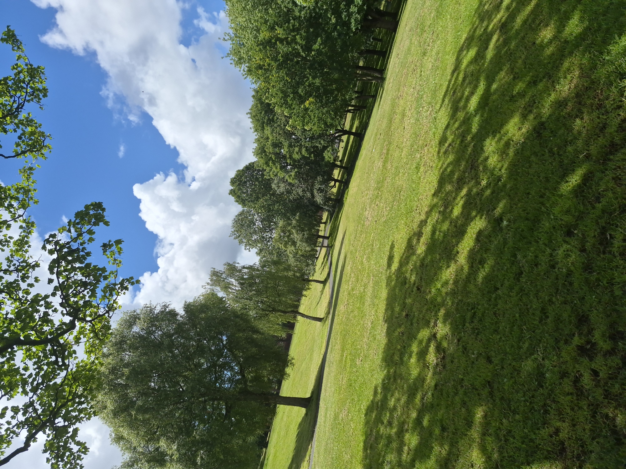 The image depicts a sun-drenched park with a vibrant green lawn sloping upwards towards a line of trees. The sky is a brilliant blue, dotted with fluffy white clouds. In the foreground, long shadows of tree branches are cast across the grass, indicating a sunny day. A paved path is visible winding through the park, leading towards the wooded area. The overall impression is one of a serene and idyllic natural setting within an urban environment, possibly Handsworth Park in Sandwell, United Kingdom, given the typical features of such a location. No people or specific actions are captured in the scene.