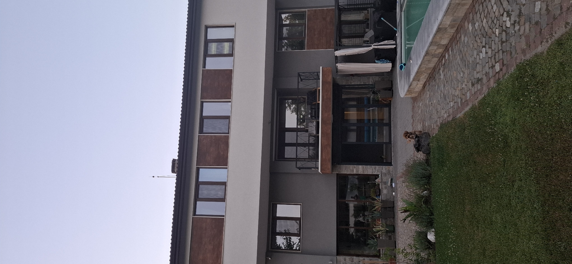 The image depicts the exterior of a modern, multi-story house with a swimming pool in the foreground. The house has a grey facade with dark-framed windows and a dark-tiled roof. The upper floor features a band of dark wood-like material above a row of windows. The middle floor has a balcony with a dark metal railing and two chairs. On the ground floor, large glass doors lead into the house. To the right of the house, there is a covered outdoor seating area with white curtains and dark furniture. A swimming pool with turquoise water is visible in the lower right portion of the image, bordered by a stone patio. A small, light brown dog is standing on the stone pathway in front of the house, near a rock and some green vegetation. The lawn in the foreground is neatly mowed. The sky is clear and light blue, suggesting it is daytime, possibly late afternoon or early morning. The scene appears to be a residential property, likely a private home, located in Pleven, Bulgaria.