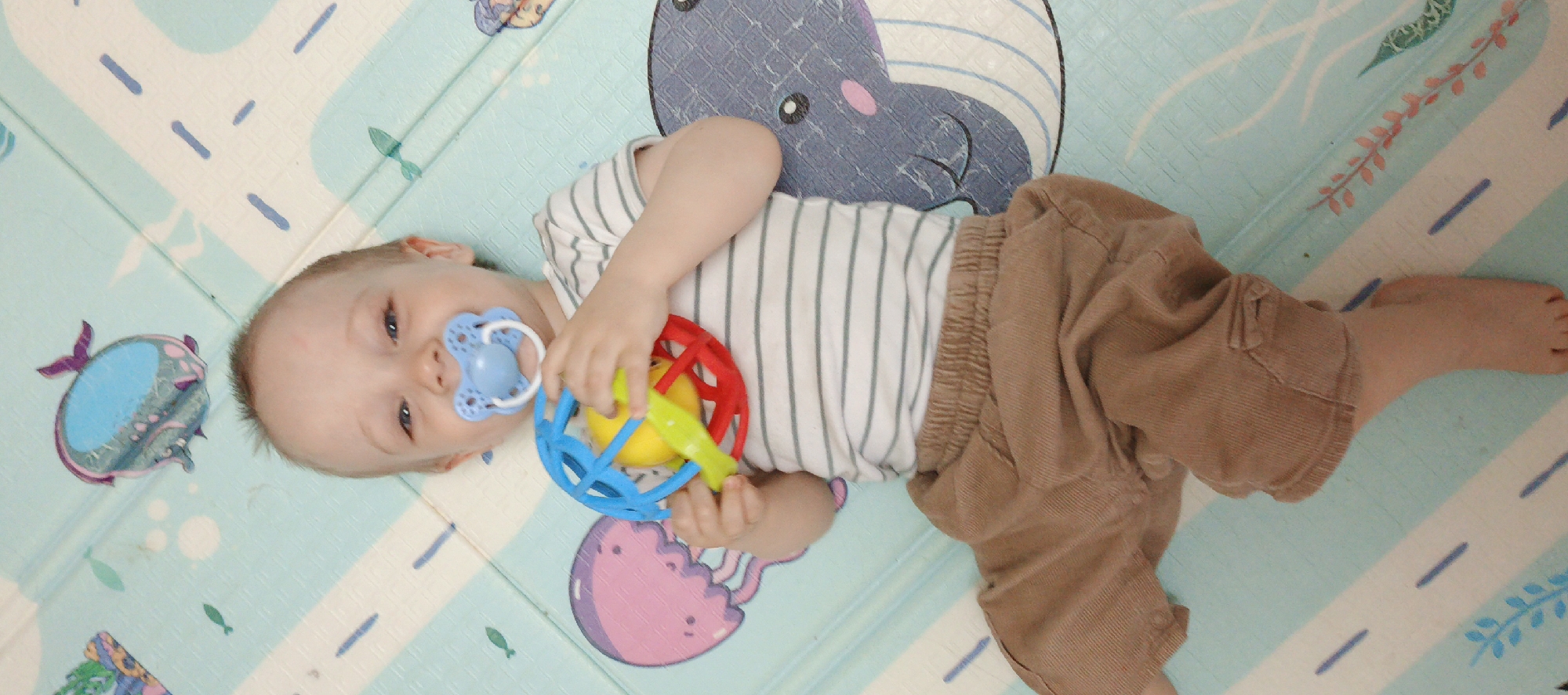 An overhead shot captures a baby lying on its back on a light blue and white playmat, angled with its head towards the top-left and feet towards the bottom-right of the frame. The baby has fair skin, light hair, and blue eyes, looking calmly towards the viewer with a blue pacifier in its mouth. It is dressed in a white t-shirt with thin grey stripes and loose-fitting brown pants. Both hands are holding a vibrant, multi-colored toy, featuring red, blue, yellow, and green elements, which appears to be a rattle or teether.
The playmat is adorned with various sea-themed illustrations, including a large dark blue whale with a pink cheek, a pink jellyfish, and several small blue fish, interspersed with light blue and white striped patterns and dashed lines. The scene suggests an indoor environment, likely a home, in Chaikovsky, Russia. The time of day and weather are not discernible. No text is visible in the image.