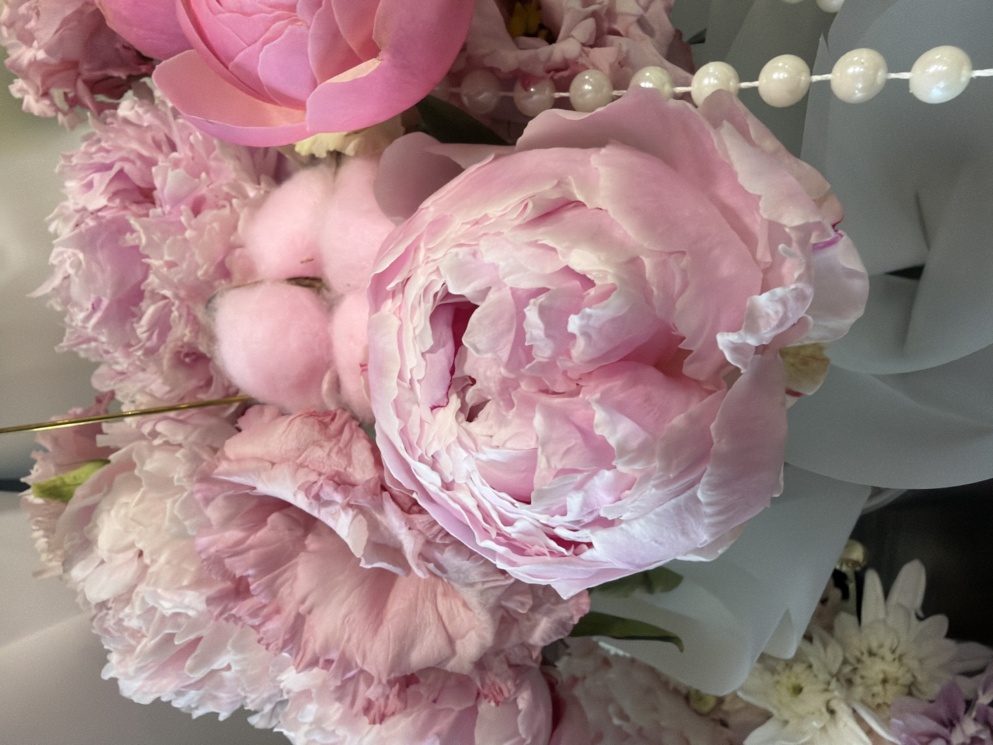 A close-up shot of a bouquet of pink peonies and other white flowers is presented. The peonies, in various stages of bloom, are characterized by their delicate, ruffled petals in shades of light and deep pink, with some petals edged in white. Interspersed among the flowers are small, fluffy balls of what appears to be cotton, adding a soft, textural element. A strand of white pearls hangs vertically on the right side of the bouquet. The flowers are arranged with a soft, pale gray wrapping material that drapes around them. The background is a blurry mix of dark and light tones, suggesting an indoor setting. The lighting is soft and diffused, highlighting the textures and colors of the floral arrangement.