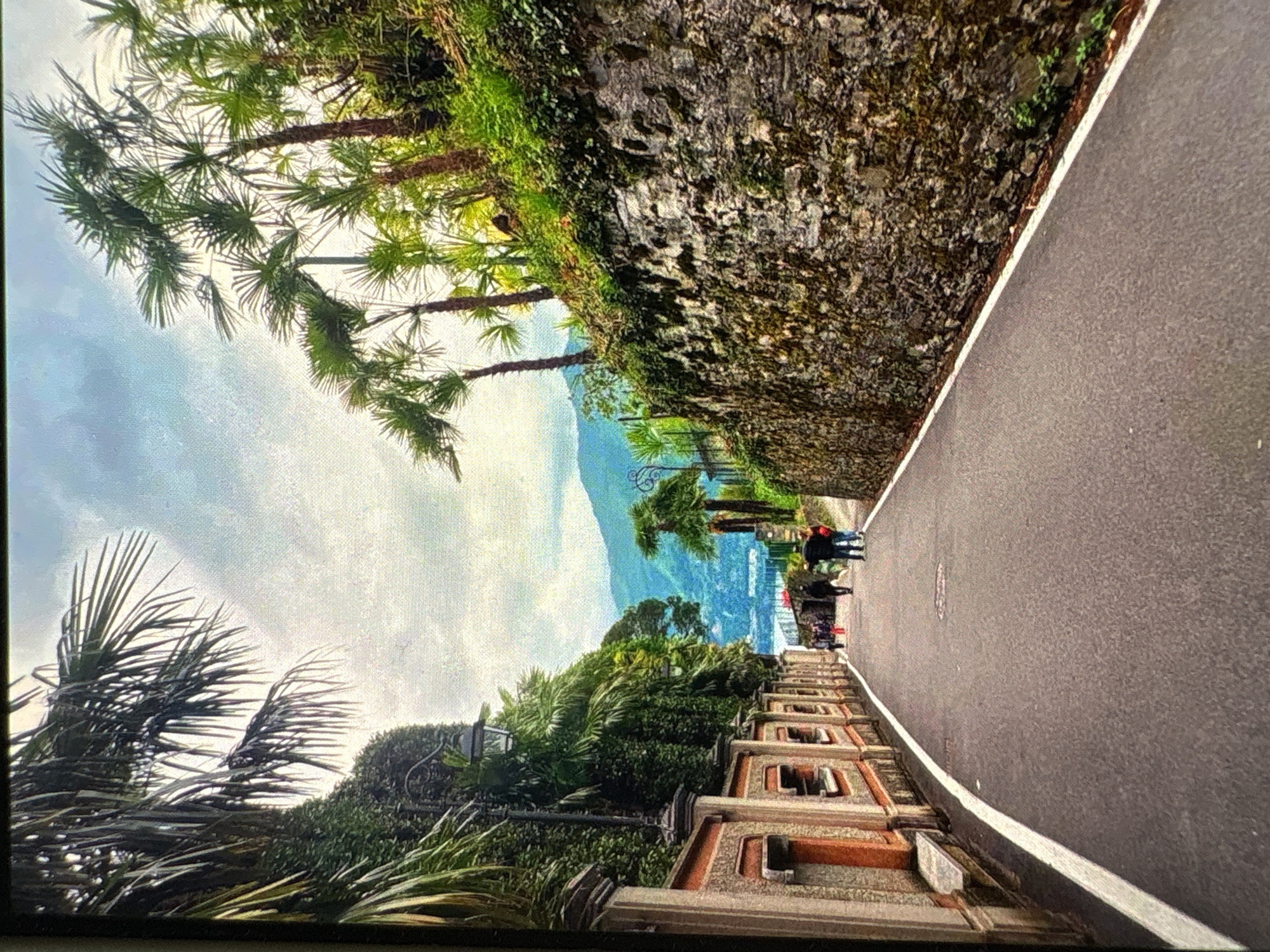 The image presents a scenic outdoor view, depicting a paved path bordered by lush greenery and a stone wall, with a vast body of water and mountains in the background. The path, visible on the right, is made of dark asphalt with a white or light-colored edge. On its left, a rugged, moss-covered stone wall rises, supporting abundant green foliage and several tall palm trees with distinct, spiky fronds. Further to the left, a decorative stone barrier or railing, featuring intricate patterns, runs alongside more dense vegetation and additional palm trees.
Several people are seen strolling along the paved path, appearing as small groups or individuals enjoying the picturesque environment. In the middle ground, two figures are more clearly visible, one in a red top, suggesting a leisurely activity. Beyond the immediate foreground, a large body of light blue water extends towards the horizon, backed by a range of soft blue mountains. The sky above is bright but partly cloudy, indicating daytime, possibly late morning or early afternoon, with gentle lighting. The overall scene evokes a tranquil and appealing atmosphere, characteristic of a resort or a scenic lakeside or coastal promenade. No text is visible in the image.