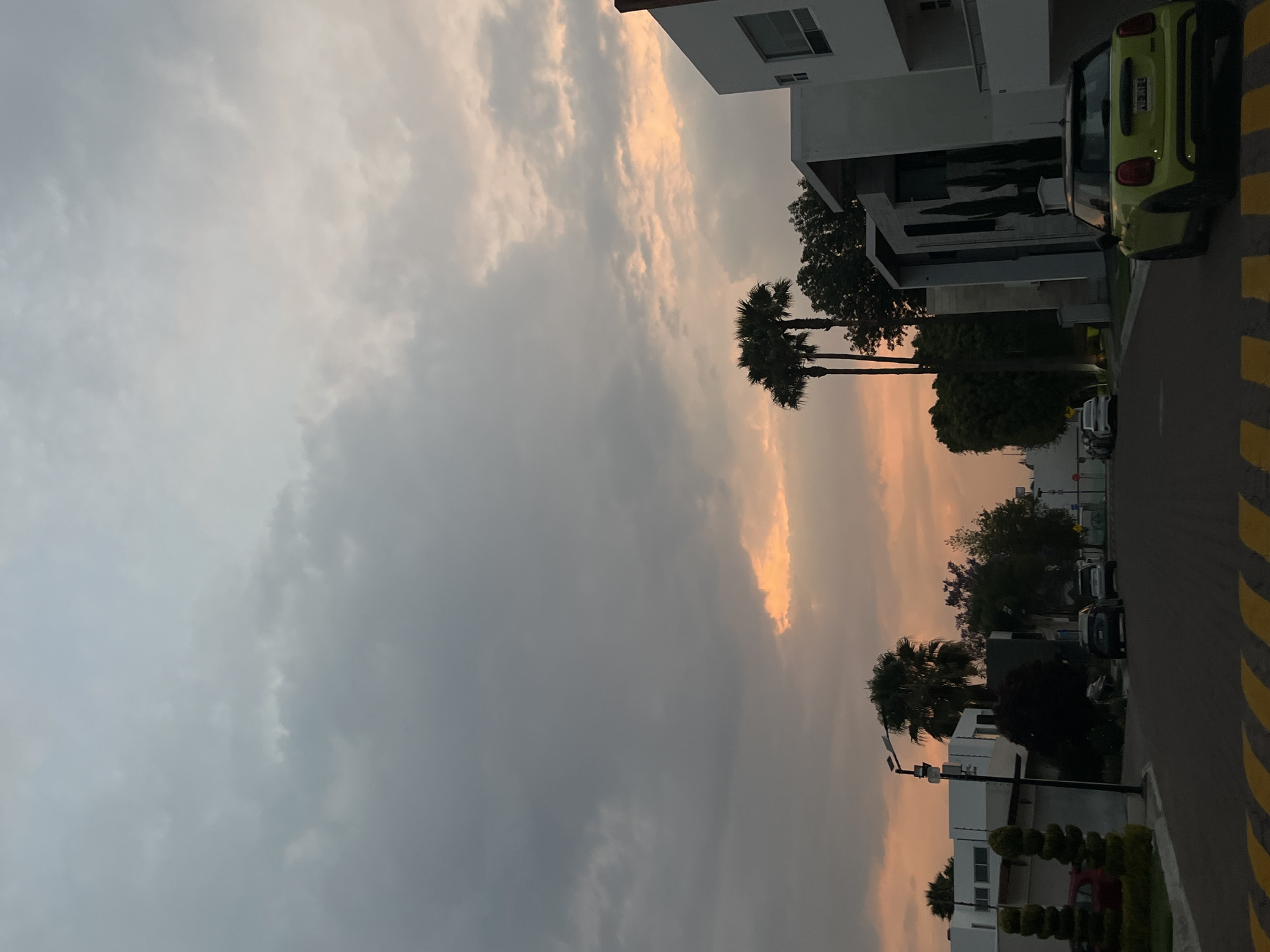 The image shows a residential street scene in Barrio de Nuevo León, Mexico at dusk. The sky is filled with grey and peach-colored clouds. A modern, white building with a window and dark grey accents is partially visible on the right. A lime-green car is parked in front of the building. Palm trees line the street, interspersed with other trees. Cars are parked further down the street. Yellow and black striped pavement markings are visible. The image is rotated 90 degrees counterclockwise.