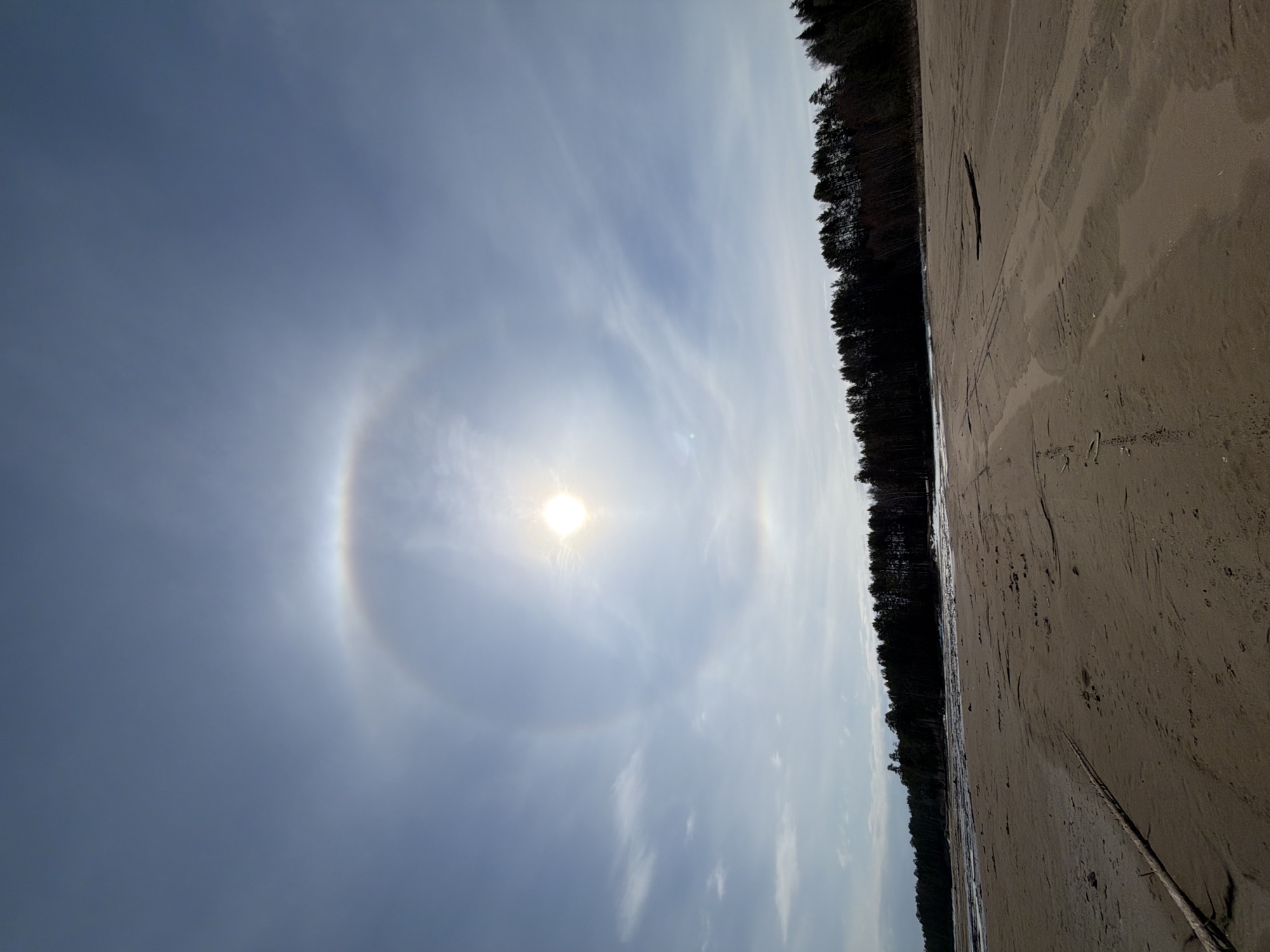 The image, taken in Chaikovsky, Russia, shows a 22° halo around the sun in a partly cloudy sky. The halo is a bright ring of light that circles the sun. To the right of the sky is a beach with a line of trees on the other side. The beach is a mix of sand and wet areas, likely near the edge of a body of water.