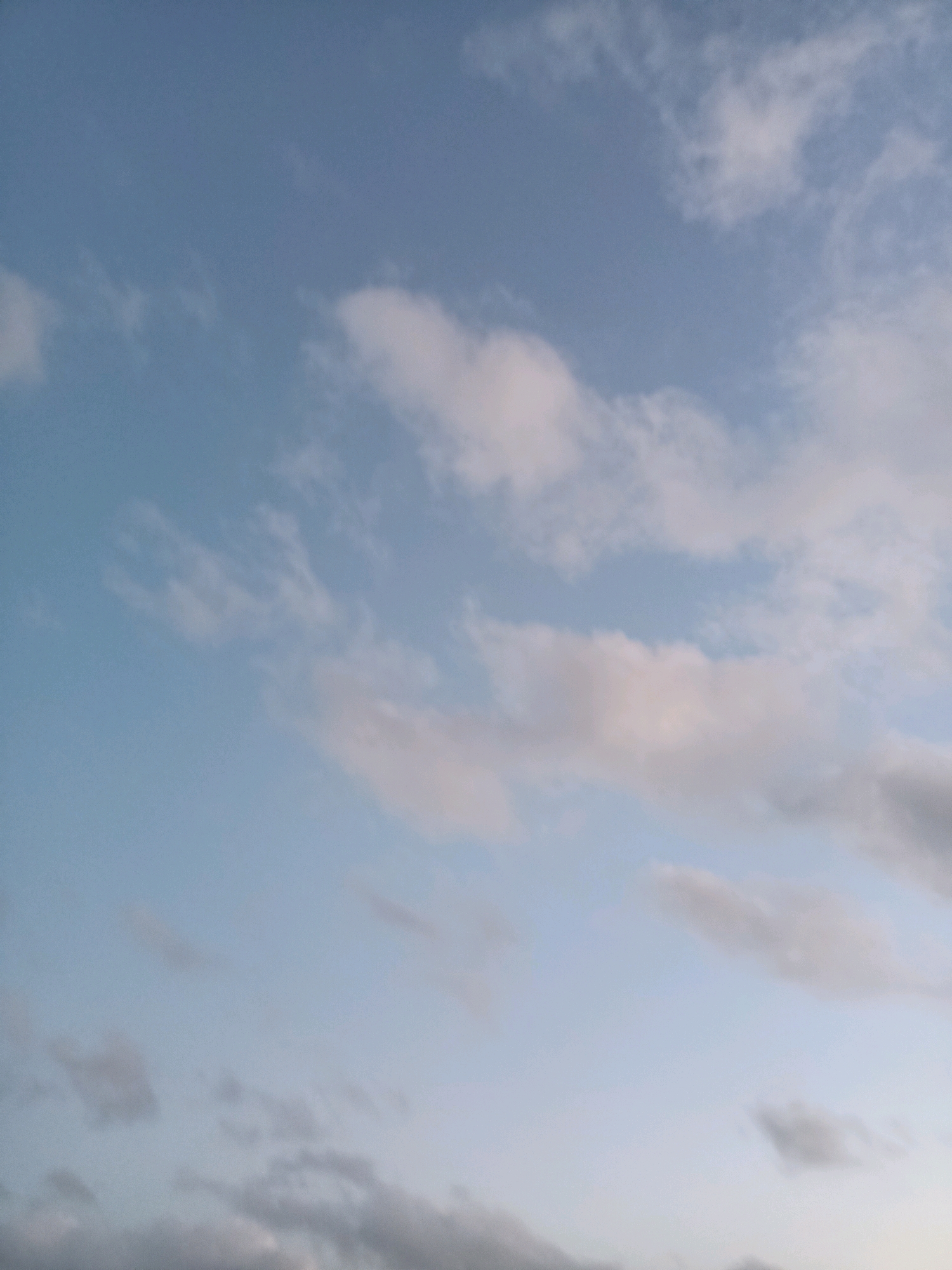 The image captures a serene sky with a gentle gradient of blue, transitioning from a lighter hue at the bottom to a deeper shade at the top. Scattered across this canvas are soft, wispy clouds, some appearing bright white, catching the light, while others are tinged with a subtle grey, suggesting a hint of depth or distance. The overall impression is one of tranquility and open space, characteristic of an outdoor environment, possibly an expansive sky above Ngargosari, Indonesia, without any visible human presence or structures.
