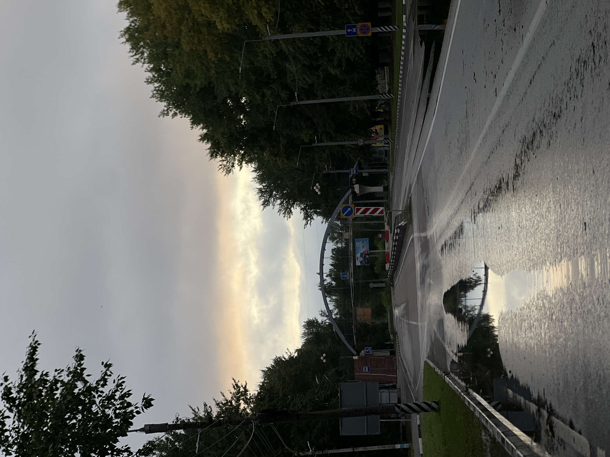 The image depicts an overcast sky over a wet, tree-lined road in Ulyanovsk, Russia. A large puddle on the left side of the road reflects the sky and surrounding trees. The road itself appears to be a multi-lane thoroughfare with a white dividing line. An arched overpass spans the road in the distance, with various signs and streetlights visible along the roadside. To the left of the road, a grassy area and a utility pole are present. On the right side of the road, dense foliage from trees creates a wall of green. A billboard featuring a man in uniform is visible on the right side, near the overpass. Traffic barriers and road signs, including a blue directional sign with a white arrow and a yellow circular sign with a blue background and a white symbol, are scattered throughout the scene. The overall atmosphere is subdued, likely due to the cloudy weather and the wet conditions.