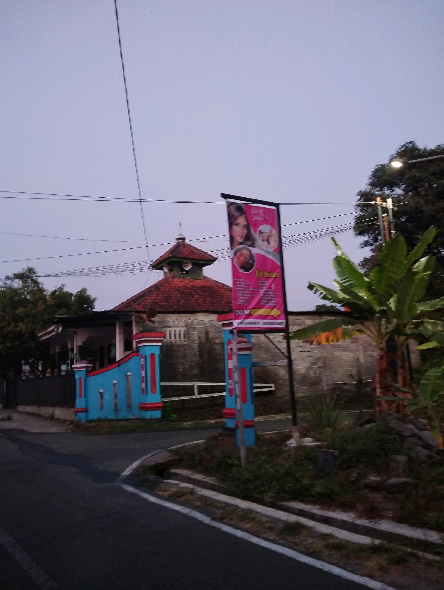 This image captures an outdoor scene in Salatiga, Indonesia, likely during dusk due to the muted lighting and pale sky. In the background, a building with a red-tiled, multi-tiered roof, resembling a mosque or a traditional Indonesian structure, stands prominently. In front of this building, a vibrant blue and red gate with decorative elements marks an entrance. To the right of the gate, a tall, vertical billboard for "Tia Salon" displays images of women and hair treatments. A banana tree with large leaves is positioned next to the billboard. The foreground shows a paved road with a white line marking its edge, and a grassy verge with some scattered stones. Power lines crisscross the sky above the scene.