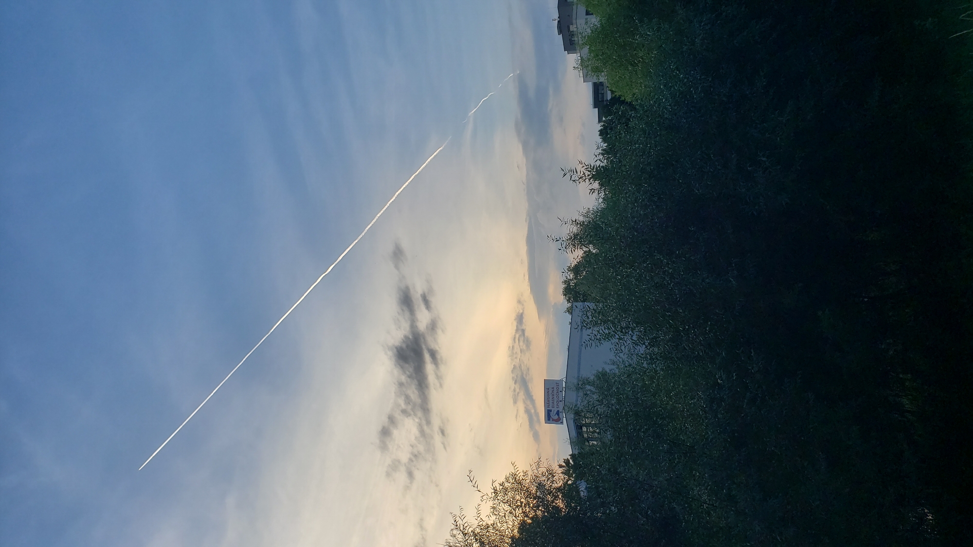 The image depicts a sky with a contrail from an airplane, stretching diagonally from the upper left to the lower right. The sky is partly cloudy with hues of blue and yellow, suggesting it might be sunrise or sunset. In the middle ground, there are trees and buildings. One building has a sign with Slovak text and a logo. The foreground is dominated by dark green foliage, likely trees. Based on the sign on the building, which reads "BIORAVOVA DIACENSKA SPOLOČNOSŤ", this is likely the Public Health Authority (Regionálny úrad verejného zdravotníctva) in Prešov, Slovakia.