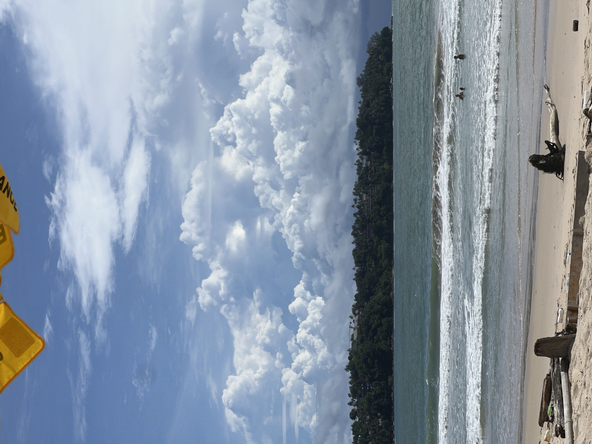 The image depicts a beach scene with a focus on the ocean, sand, and sky. The ocean is a pale blue-green with moderate waves breaking on the shore. The sand is light in color and appears dry. In the distance, a line of lush green trees forms a backdrop against the sky. The sky is a vibrant blue with scattered, fluffy white clouds.
There are a few people visible in the ocean, wading or swimming. On the sand, a large piece of driftwood is prominent, along with some other debris. A yellow sign with black text is partially visible in the lower left corner of the image. The text on the sign is partially obscured, but the letters "ANCE" are clearly legible.
The scene appears to be set during the day, likely late morning or early afternoon, given the bright sunlight and clear sky. The weather seems pleasant, with calm seas and a gentle breeze suggested by the waves and clouds. The overall mood is one of leisure and relaxation, typical of a beach environment. The combination of the ocean, sand, and tropical foliage suggests a warm-weather location.