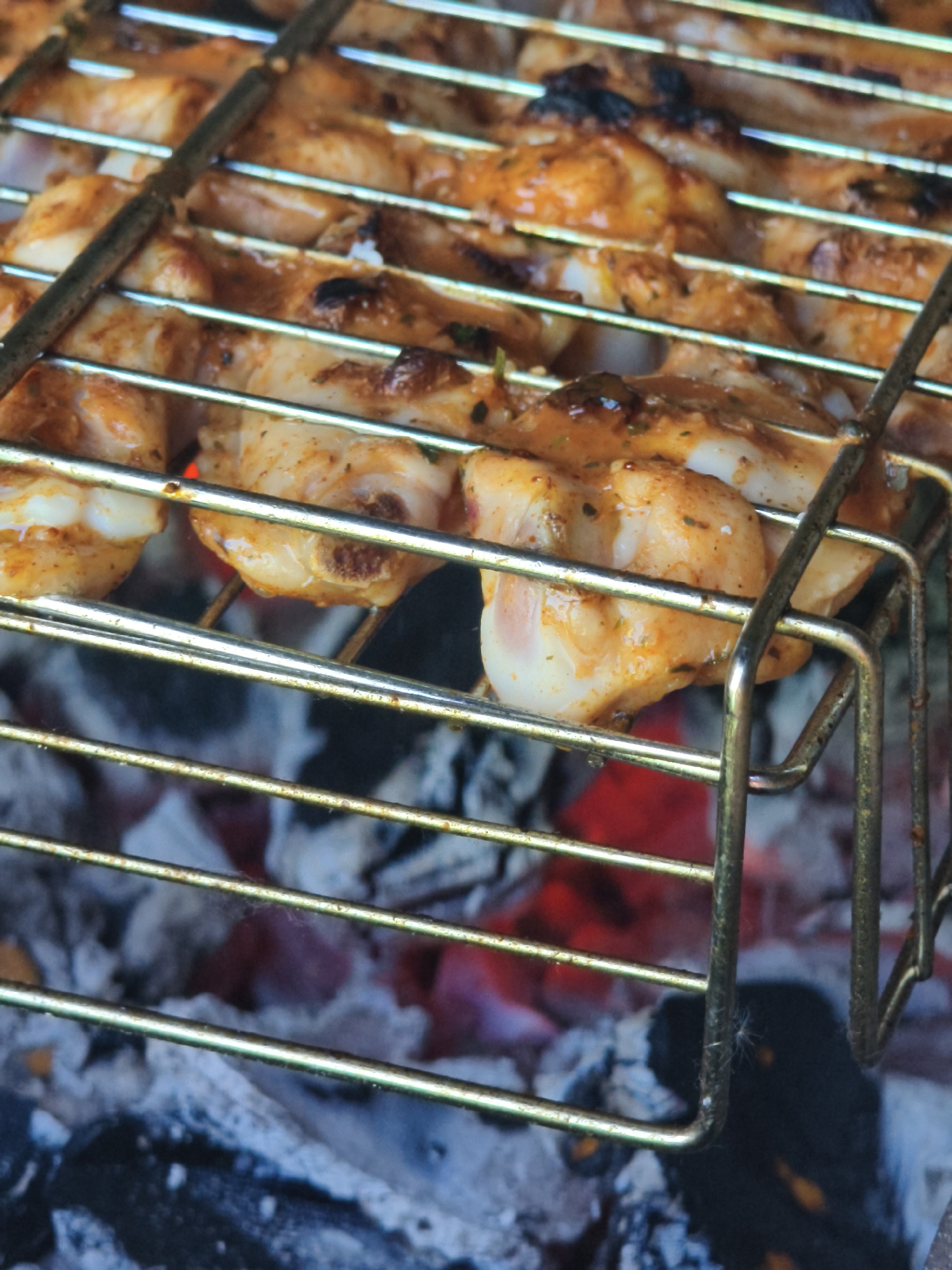 A close-up, slightly overhead shot shows chicken pieces marinating and cooking on a metal grill over hot coals. The chicken appears to be coated in a reddish-orange spice blend with visible herbs. The grill is positioned over glowing red embers and dark gray ashes, indicating an active barbecue. The overall scene is one of food preparation outdoors. This image does not depict anything related to Chaikovsky, Russia.