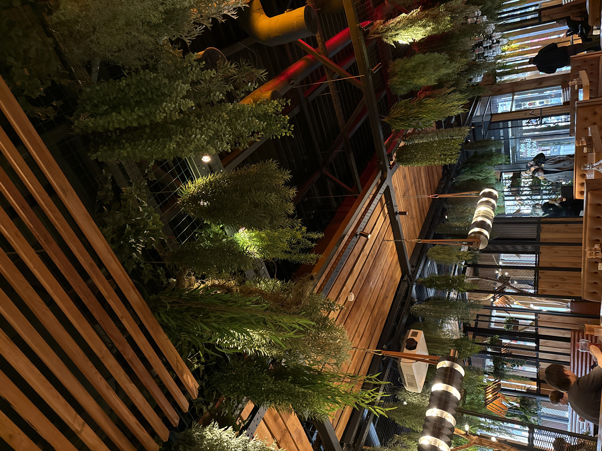 The image displays the interior of a contemporary restaurant or cafe, illuminated by artificial lighting, suggesting an evening or nighttime setting. The design blends natural elements with an industrial aesthetic.
The ceiling features exposed dark metal beams and structures, with prominent yellow and red-lit pipes running across it. Extensive greenery, appearing to be a mix of real and artificial plants, hangs from the ceiling in planters and is integrated into metal mesh structures, forming a lush overhead canopy. Spotlights illuminate these plants. Sections of the walls and possibly the floor are clad in warm-toned wooden slats, some arranged diagonally.
Several people are visible, mostly seated at rectangular tables with upholstered booth seating. They appear to be dining or socializing in a relaxed manner. Modern cylindrical pendant lights, composed of multiple stacked rings, hang throughout the space, providing ambient light. Air conditioning units are also mounted overhead. Large windows on the right side of the image offer a blurred view of an exterior or adjacent space, with some unreadable text reflected on the glass. The overall atmosphere is warm and inviting, combining comfort with a modern, industrial-chic style.