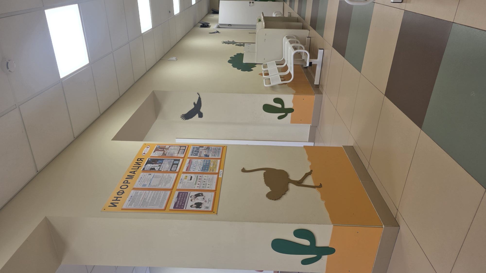 The image shows a brightly lit hallway in Saint Petersburg, Russia. The walls are decorated with animal silhouettes and information posters in Russian. There is an information board on the left, written in Russian, with multiple sheets of paper displaying text and images. Further down the hallway, there are cartoon figures of desert animals and plants painted onto the wall. White chairs are positioned along the wall, and the floor is covered in square tiles. The scene appears to be inside a public building, potentially a hospital or school.
