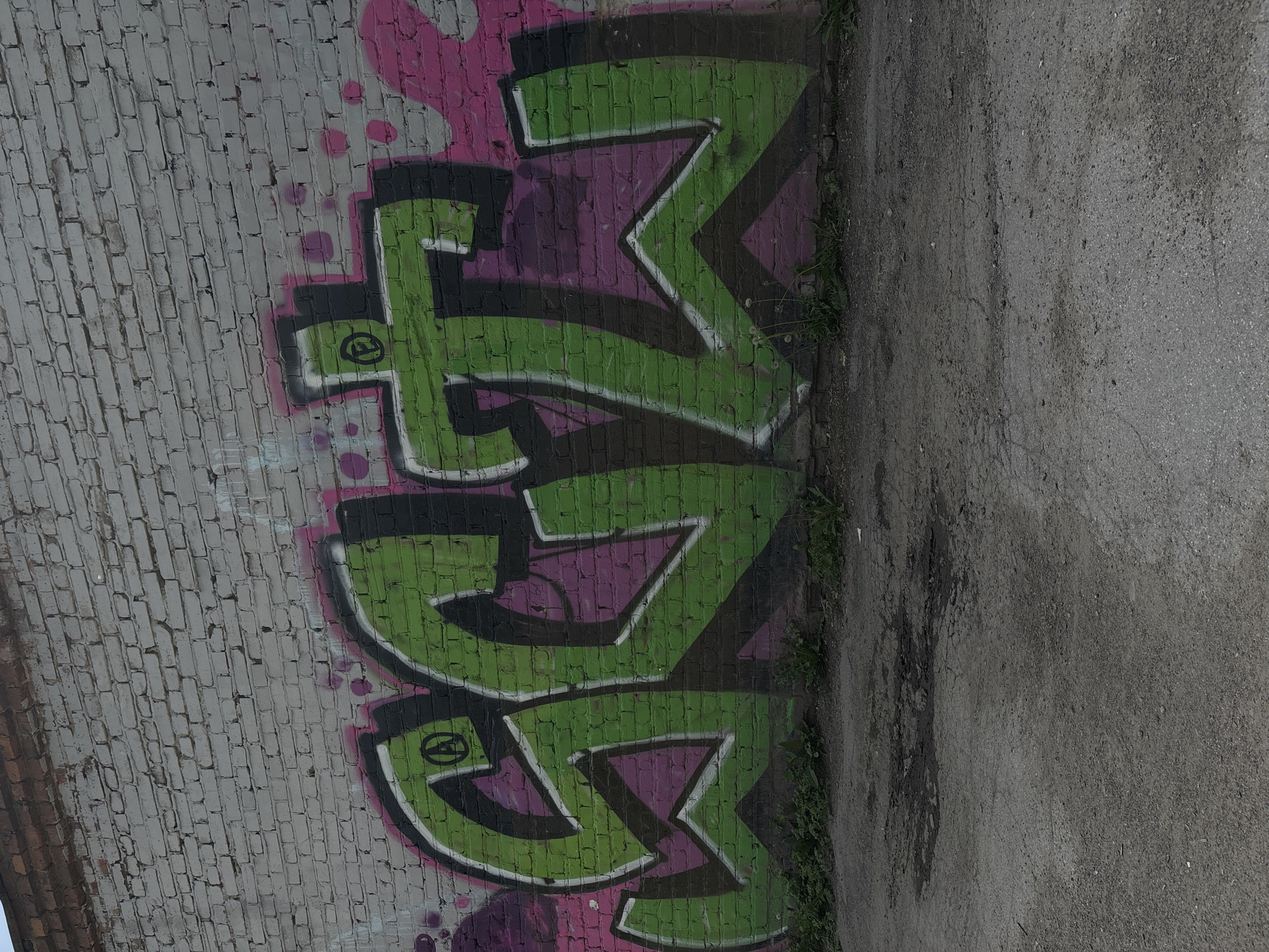 The image shows a graffiti-covered brick wall in an outdoor urban setting. The graffiti is predominantly green and purple, with black outlines and white accents. It appears to be a stylized word or tag, with rounded and angular shapes. A small patch of weeds and grass grows at the base of the wall, and the ground in front is rough asphalt with some damp patches. The brick wall itself is painted a light gray and shows signs of age and wear. The top of the image reveals a section of a darker brick structure, possibly the top of the building or an adjacent structure. The graffiti is the primary focus of the image, rendered in a bold, graffiti art style. There are no people visible in the image. The overall scene suggests an industrial or less maintained area of a city. Based on the provided context, this location is in Novosibirsk, Russia.
