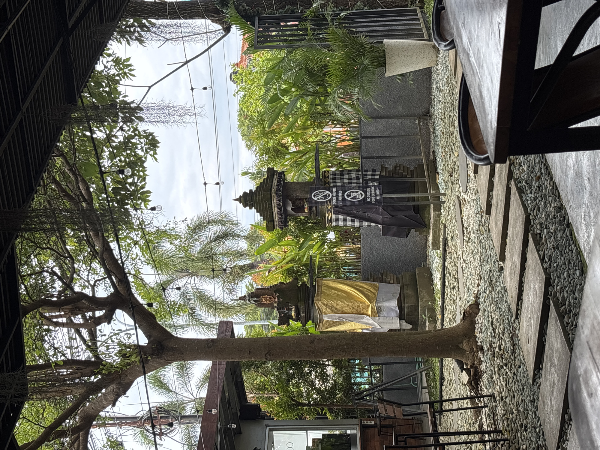 The image shows a view in Kuta Selatan, Indonesia, looking toward an outdoor garden area. A Balinese Hindu shrine is centrally positioned, draped in a yellow and white cloth and partially obscured by a tree trunk that spans horizontally across the middle of the frame. Above the shrine is another small structure, also decorated with a black and white checkered cloth and signage prohibiting pets, outside food, and drink. The ground is covered with small stones and interspersed with rectangular stone slabs. Metal railings border the garden space. Lush greenery, including trees and plants, fills the scene. A partially visible building is to the lower-left, with glass doors. The scene is partially framed by the interior of a building, including a section of the roof and a table on the right side. Overhead string lights are visible against a sky.
