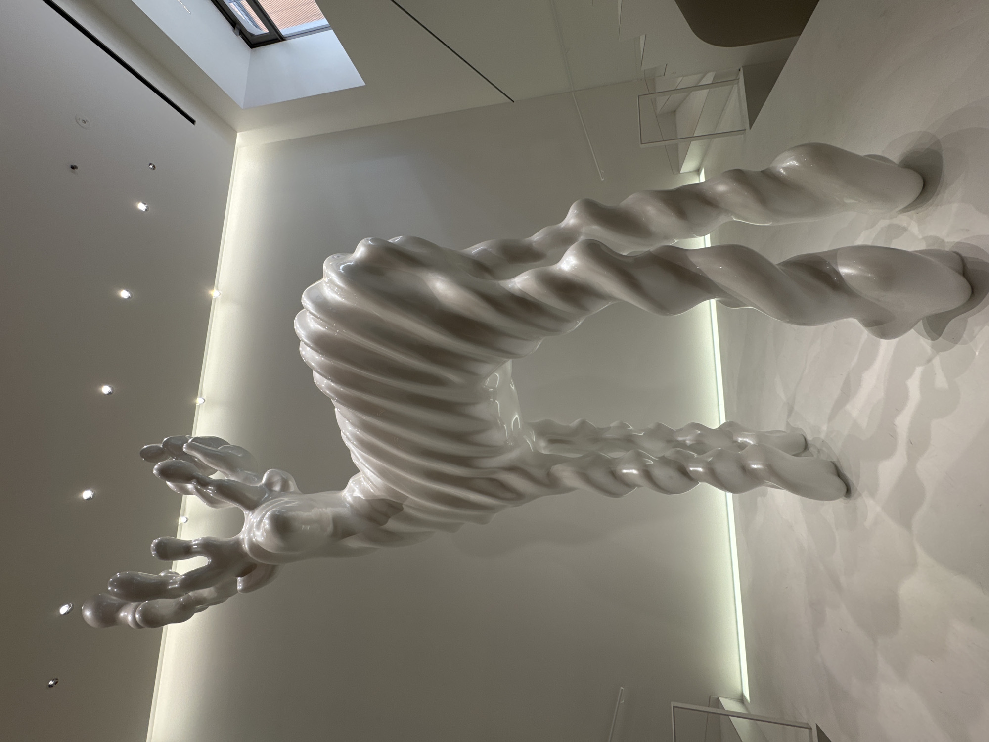 A white, abstract sculpture dominates the scene, appearing to twist and contort like a surreal humanoid form. The sculpture features a textured, ridged surface, resembling a series of stacked or coiled elements. The figure ends with something that could resemble either a hand or another extremity. The sculpture is displayed indoors against a white wall with a vertical LED light strip illuminating the wall. The background also includes recessed ceiling lights, a skylight and a contemporary white shelving unit in the upper right. The location is unknown.