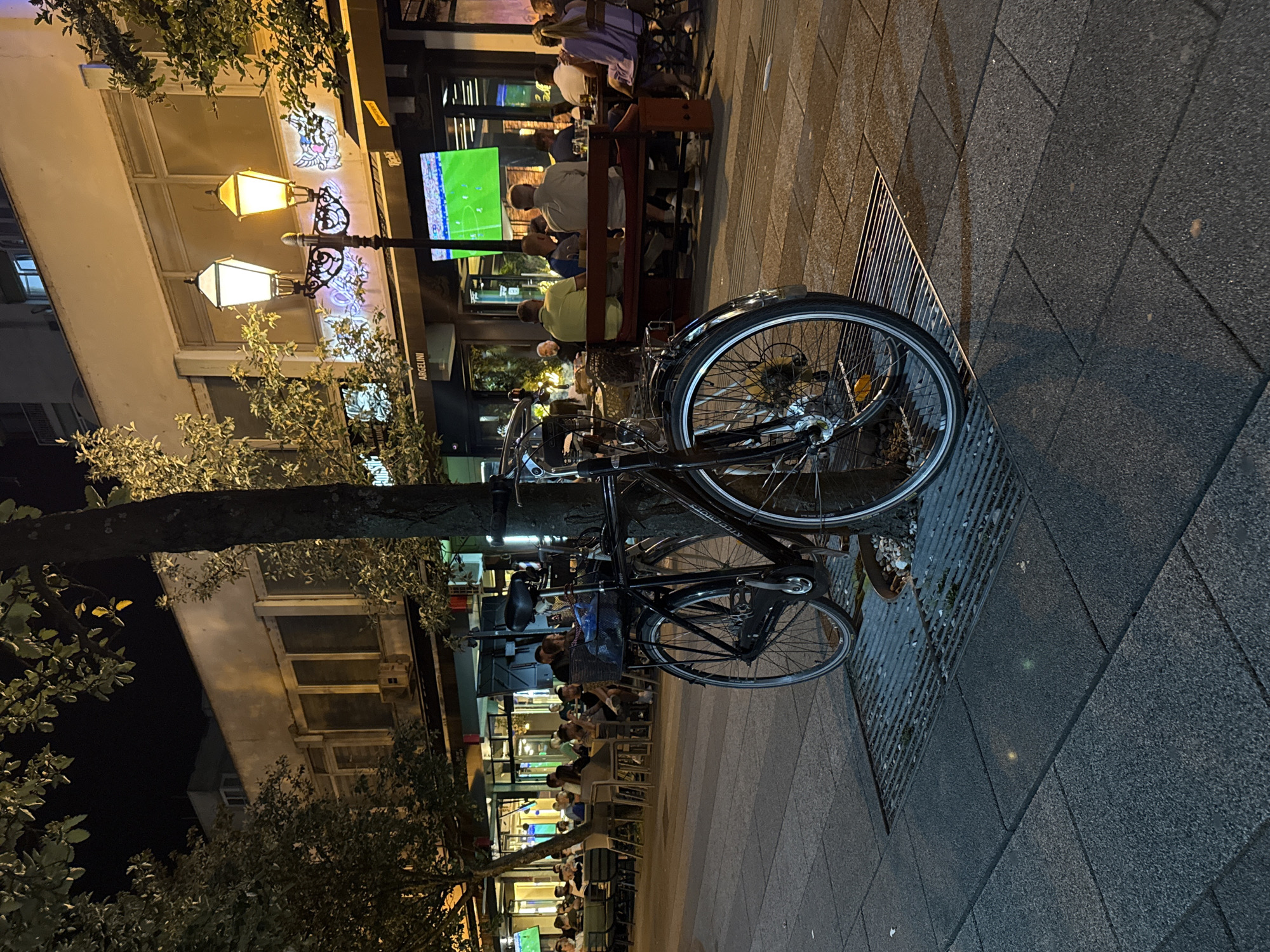 The image depicts a street scene at night in Ilidža, Bosnia and Herzegovina. In the foreground, a black bicycle is parked next to a tree, its front wheel obscuring a metal grate on the sidewalk. The bicycle has a basket on the handlebars. Behind the bicycle, a sidewalk is visible, composed of dark grey paving stones. Further back, a restaurant or cafe area is set up with tables and chairs, occupied by patrons. A large television screen displays a soccer match. The building behind the outdoor seating area features large windows and is illuminated by decorative streetlights. Trees with foliage are interspersed along the street. The overall ambiance is that of a lively urban evening.