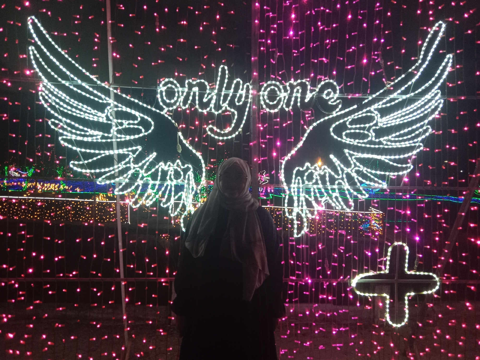 The image shows a person wearing a hijab and dark clothing standing in front of a display of lights. The lights form large white wings on either side of the word "only one" in white script. Pink lights are visible in the background, creating a curtain effect. To the right of the person, there is a white cross shape made of lights. The background also shows more lights, possibly from other displays, with some green and yellow lights visible. The scene appears to be an outdoor night-time event. The location is identified as the Alun-Alun Kota Probolinggo, Indonesia, a public square known for hosting light festivals during holidays like Eid al-Fitr.