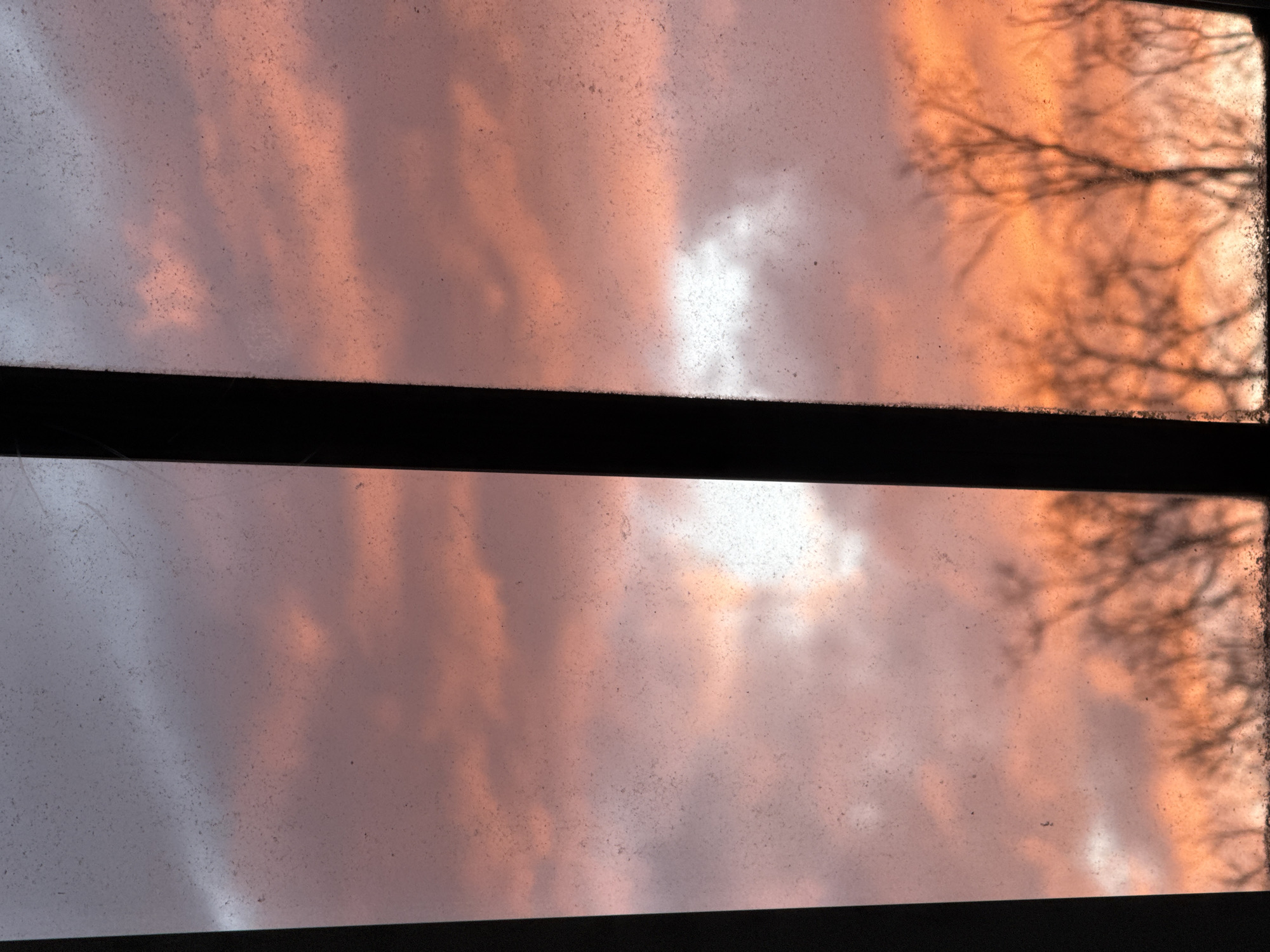 The image shows a view through a dirty window, divided by a horizontal bar. The sky is visible through the glass, displaying a sunset or sunrise with colors ranging from gray to pink and orange. The silhouette of bare tree branches is visible against the brighter part of the sky in the right portion of the window. No people, specific objects beyond the window frame, glass, and tree branches, or interactions are discernible. The environment is a landscape viewed through a window. There is no information to suggest the location is London.