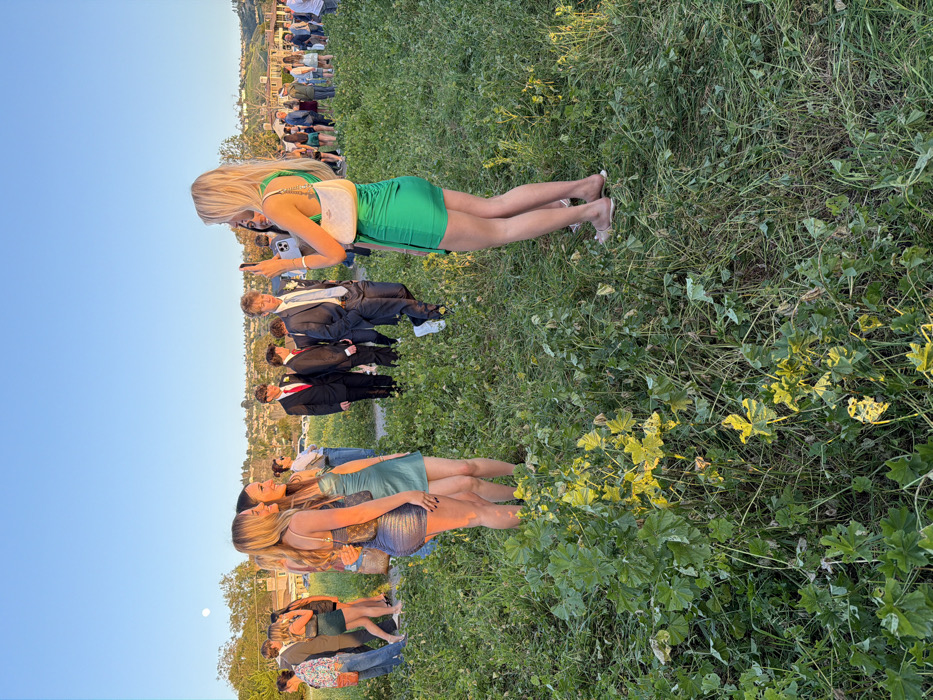 People dressed in formal wear stand on a grassy hillside, possibly at an outdoor event. The foreground features two young women in short dresses. Behind them, several men in suits and ties are visible. A blonde woman in a green dress holds a smartphone. In the background, there's a gathering of more people sitting or standing, and a few houses are visible on the hilltop. The sky is a gradient of light blue.