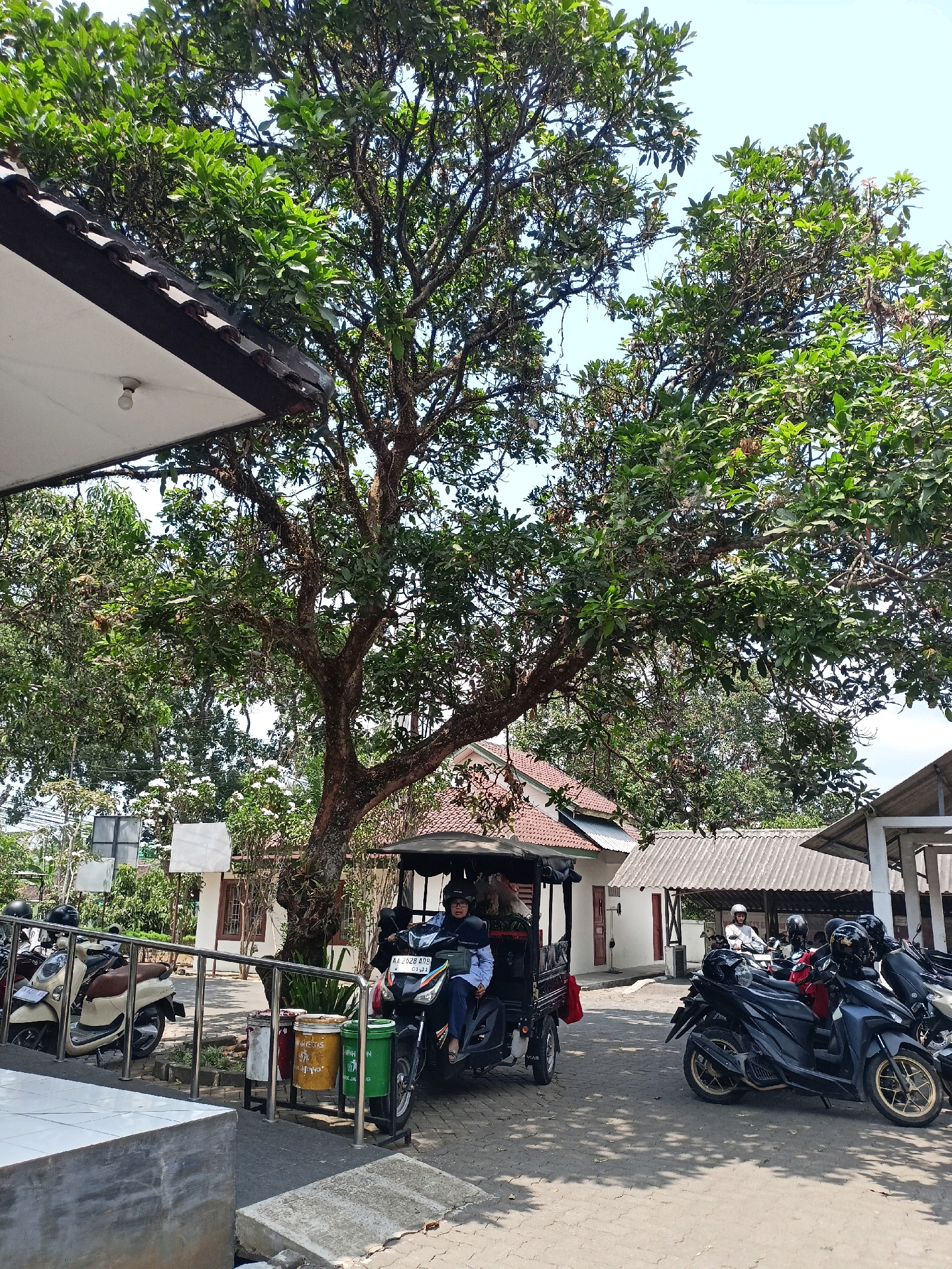 The image shows a street scene in Kewaluhan, Indonesia. A large tree with dense green foliage dominates the center of the frame, casting shadows on the paved ground. To the left, a building with a white overhang and a dark tiled roof is visible, with a light bulb hanging from the ceiling. In the foreground, several motorcycles are parked. On the right side, a black motorized tricycle, also known as a "becak motor," is occupied by two individuals wearing helmets. Another person is seated on a motorcycle in the background. The environment suggests a warm, sunny day. There are several trash bins near a metal railing. The architecture of the buildings, with their red-tiled roofs, is typical of the region.
