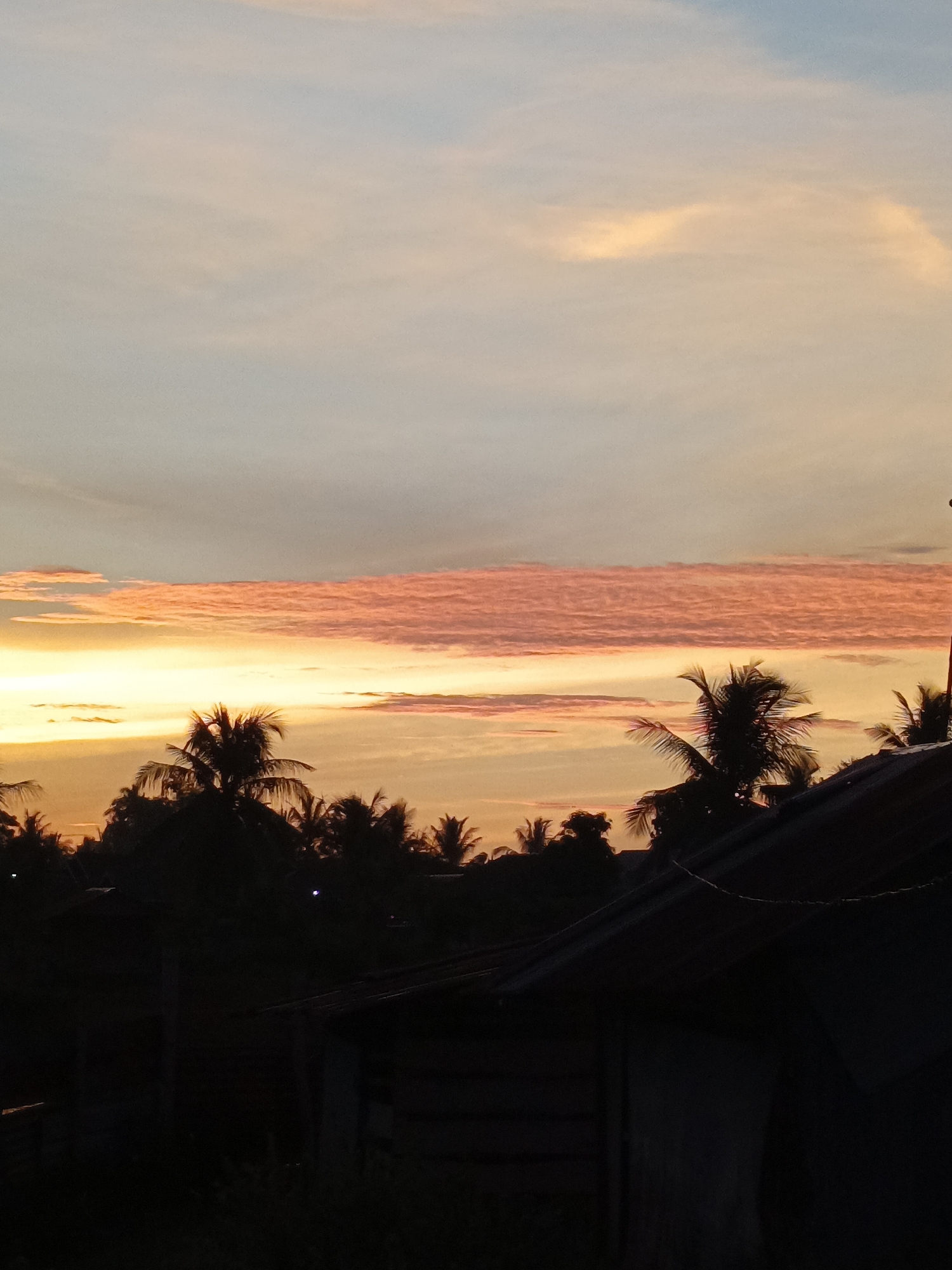 A vertical, full shot captures a vibrant sunset over Sangso, Indonesia. The sky is a gradient of soft blues at the top, transitioning to pale pinks and oranges, with a prominent band of rich, textured orange clouds stretched horizontally across the middle. Below the sky, silhouetted palm trees with their characteristic fronds rise against the colorful horizon. In the foreground, the dark, silhouetted roofline of a building, likely a house, dominates the lower portion of the image, obscuring the ground and any potential inhabitants. The overall atmosphere is serene and picturesque, characteristic of a tropical evening.