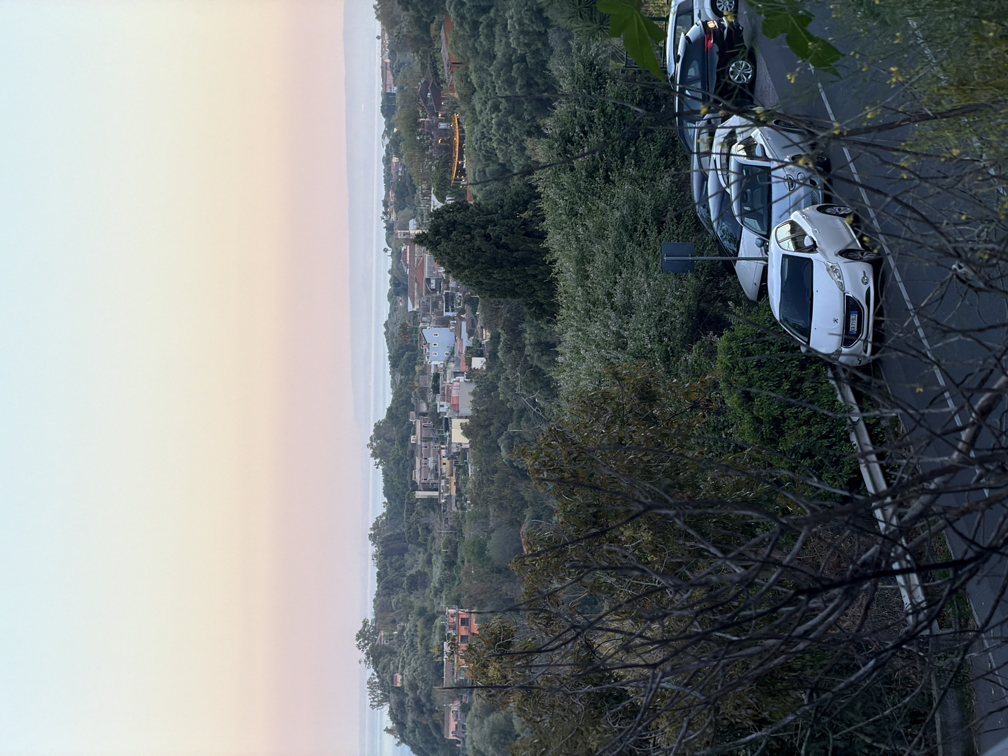 The image shows an elevated view of Acireale, Italy, likely taken from a hillside. The sky is light with a soft pinkish hue suggestive of dawn or dusk. In the middle ground, there are buildings and vegetation, including trees. On the right side of the image, a road is visible with several parked cars. The foreground includes branches of a tree.
