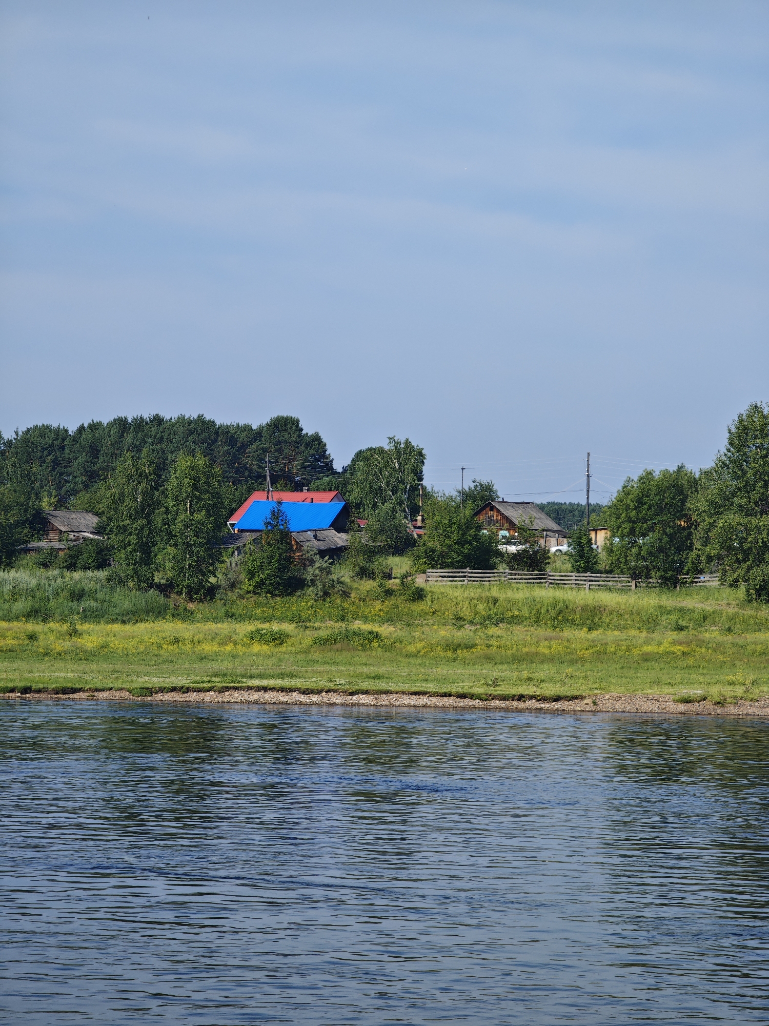 This is an outdoor, eye-level, landscape photograph of a village by a river. The sky is clear and blue with a few faint clouds. In the foreground, a wide, calm river reflects the sky and surrounding trees. The riverbank is lined with a strip of pebbles and then a lush green grassy area dotted with small yellow flowers. Behind the grassy area, a dense line of green trees forms the backdrop. In the middle ground, nestled within the trees, are several rustic wooden houses. One house has a distinctive bright blue roof, and another has a red roof. A wooden fence runs horizontally across the middle ground, separating the grassy area from the houses. There are no people or animals visible in the scene. The overall impression is one of a peaceful, rural village in Russia, likely in or near Galanino, given the context.