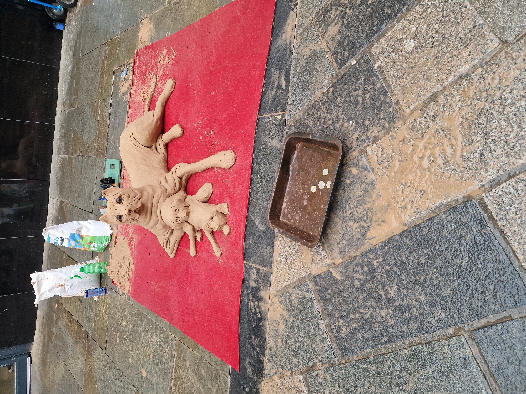 The image shows an outdoor scene on a paved area with a red mat. A clay sculpture of a cat with a kitten lies on the mat. Next to the mat is a dirty metal tray with a few white circular objects. Nearby are bags of sand and a water bottle. The paving stones are wet with a muddy substance. The location is inferred to be in Durham, United Kingdom.