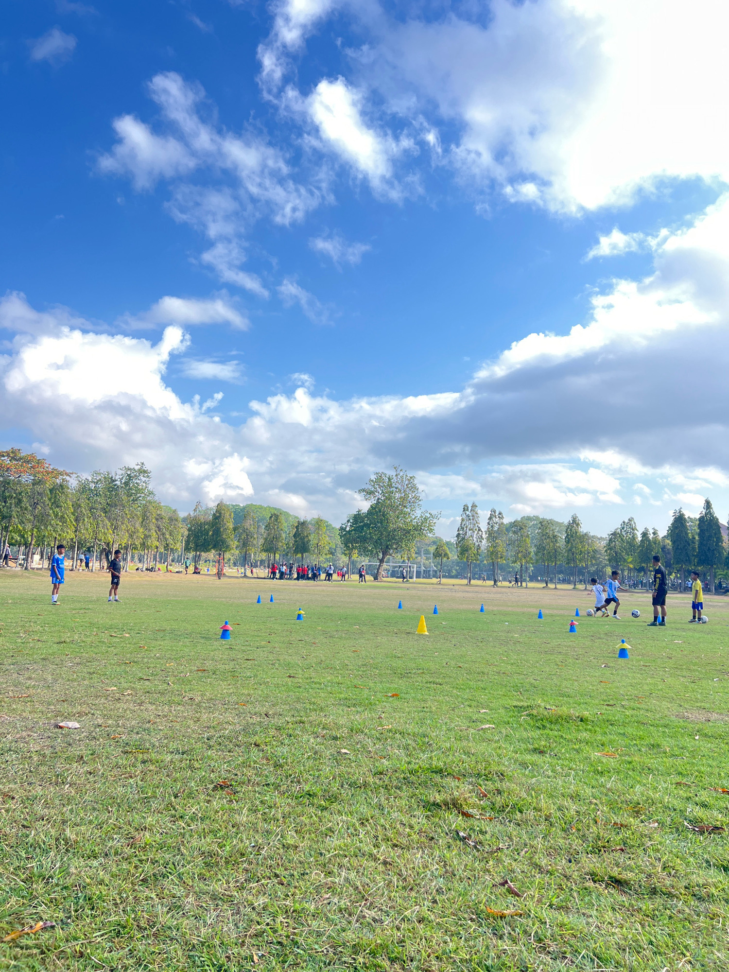 The image depicts an outdoor soccer training session in a grassy field, likely in Denpasar, Indonesia, under a bright blue sky with scattered white clouds. In the foreground, two young boys stand on the grass, one wearing a blue shirt and shorts, the other in black. Several blue and yellow training cones are strategically placed on the field, indicating drills are in progress.
Further in the background, a group of people, presumably children and adults, are engaged in soccer activities. Some are kicking a soccer ball, while others observe. The field is bordered by a line of trees, and beyond that, more trees and rolling hills are visible. The overall atmosphere suggests a well-lit, pleasant day for outdoor sports.