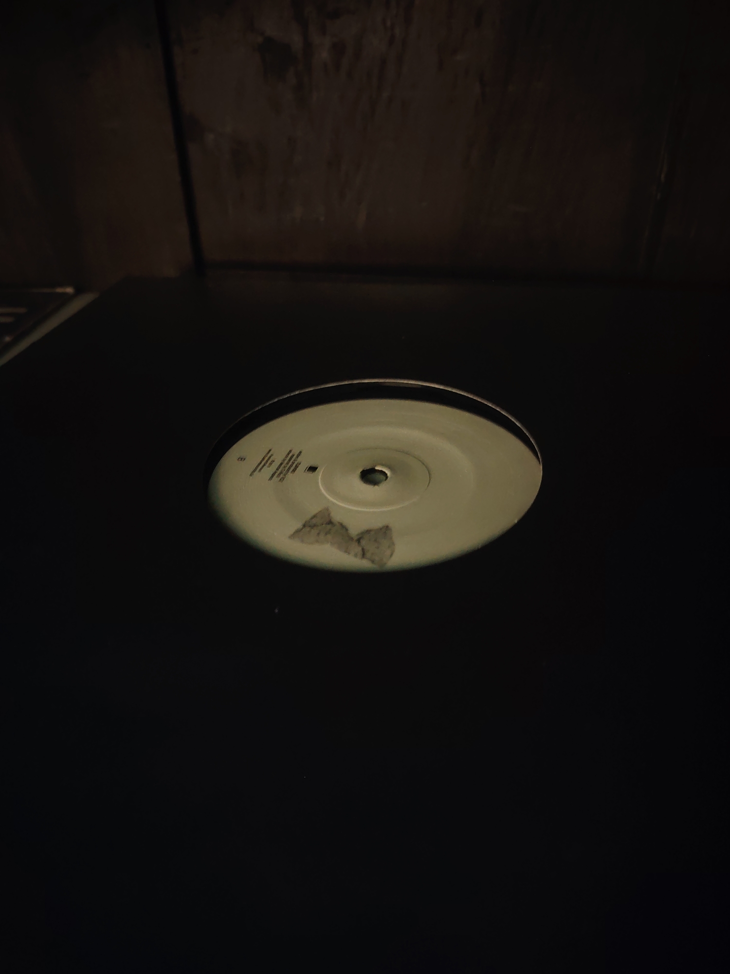 The image presents a close-up view of a vinyl record's center label and a portion of its surface, set against a dark, dimly lit background. The dominant object is the record, with its off-white, circular label prominently featured in the middle of the frame. The record's outer grooves and much of its dark surface are obscured by shadow, blending into the surrounding darkness.
On the record label, lines of small, black text are visible, though too blurred to be deciphered, likely indicating song titles, artist information, or production credits. Below the record's center hole, there is a distinct patch of wear or damage on the label, appearing as rough, torn, greyish-brown paper, possibly residue from a removed sticker. The center spindle hole itself is a dark, circular opening.
The background above the record shows a textured, dark surface, potentially a wooden wall or ceiling, characterized by subtle variations in tone and faint lines suggesting paneling. The entire scene is enveloped in low light, creating a dark and somewhat mysterious atmosphere, indicative of an indoor setting, perhaps a room where music is enjoyed or stored. No people are present, and there is no explicit activity taking place; the record appears static. No specific time of day or weather can be inferred beyond the low light conditions. No clearly legible text is present beyond the faint markings on the label.