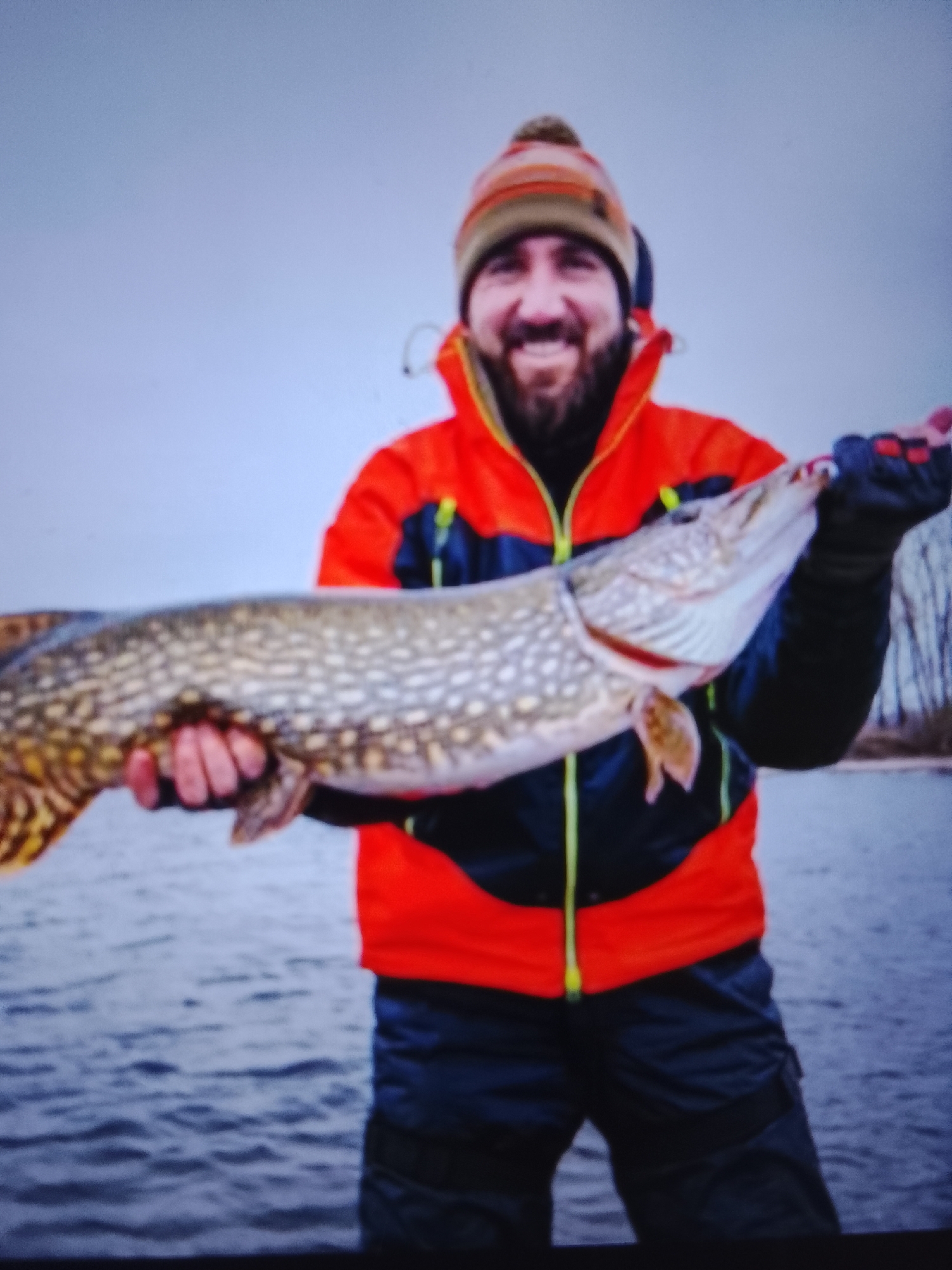 In the image, a man with a beard and a beanie is holding a large fish. He is wearing a bright orange and navy blue jacket with a yellow zipper and dark pants. The man is smiling. The fish, likely a pike, is long and appears to be speckled. The background shows a body of water and some trees in the distance, suggesting an outdoor, possibly winter, setting. No specific details place this scene in Safonovo, Russia, as the location is not visually indicated.