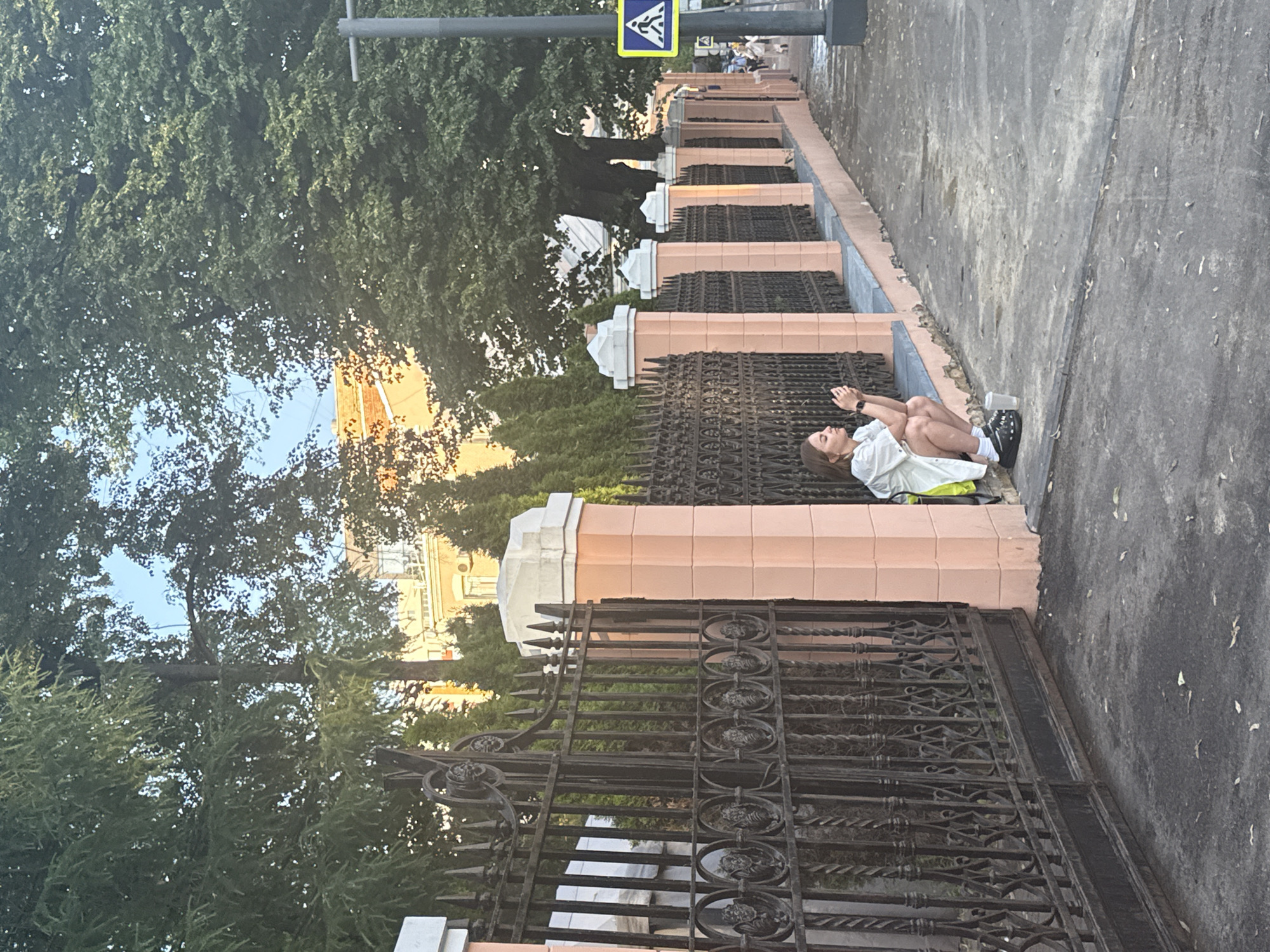 A young woman with brown hair, wearing a white oversized shirt and dark clogs, is crouching on a sidewalk in front of a decorative metal fence. She is looking down at her phone, which she is holding with both hands. A white plastic cup sits on the ground next to her. The fence is ornate with scrolled metalwork and topped with sharp spikes. Behind the fence, a row of conical evergreen trees and a yellow building are visible. Large trees with green foliage tower over the scene. A pedestrian crossing sign with a blue background and a white symbol of a person walking is mounted on a pole to the right of the image. The ground appears wet, suggesting recent rain. The overall impression is a quiet moment captured on a city street in Moscow, Russia.