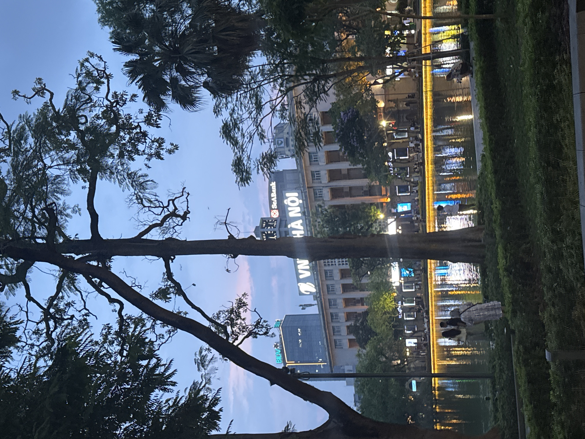 The image is taken at dusk in Hà Nội, Vietnam, near a body of water, possibly a lake. Trees frame the view with silhouetted branches against a dusky sky. Buildings line the opposite side of the water, some with illuminated signs for "VN Hà Nội," "SeaBank," and "BIDV." The water reflects the lights from the buildings and street lamps. People are present along the waterfront. A grassy bank is visible in the foreground.