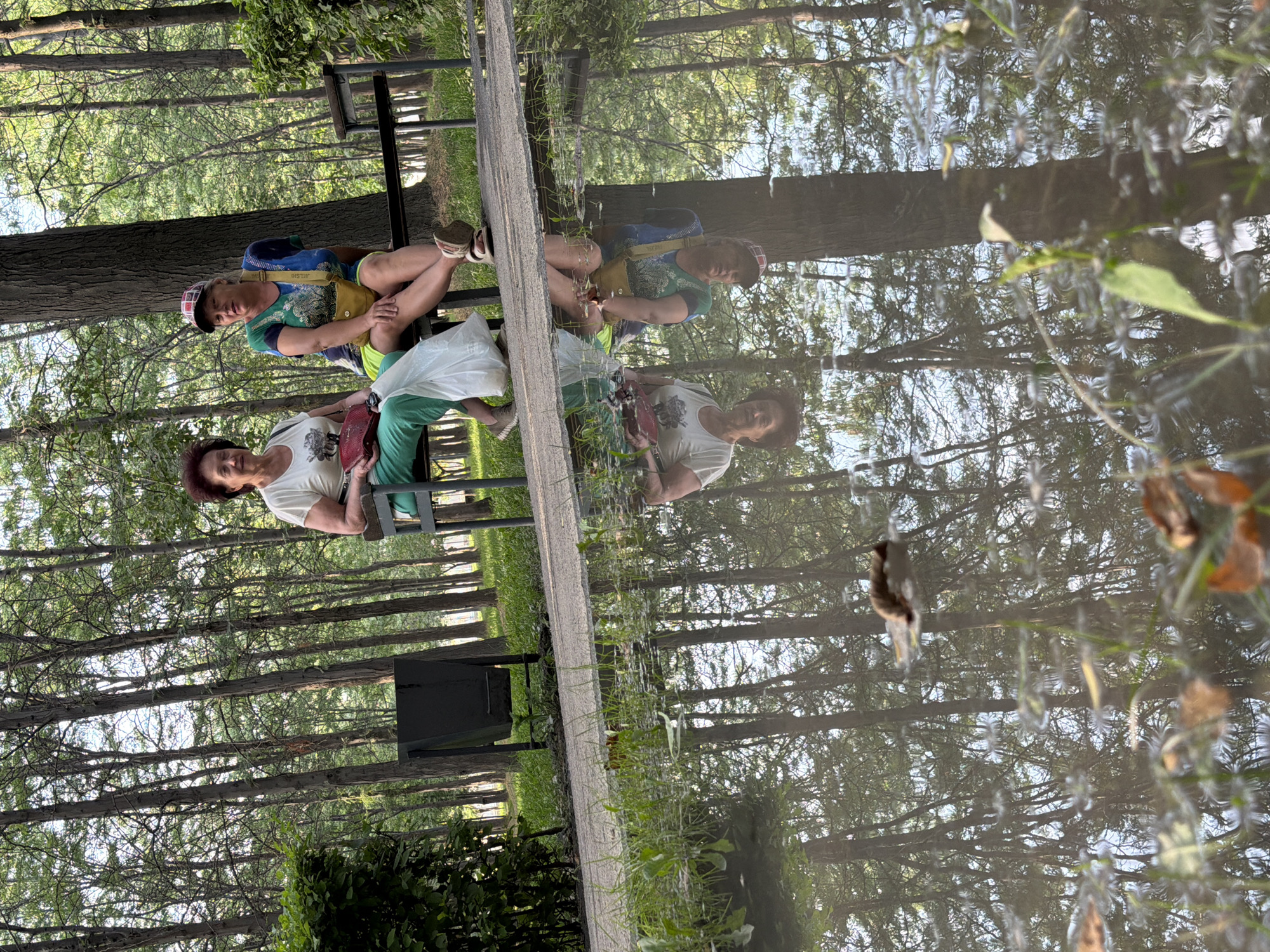 Two women are seated on a park bench in a wooded area, with a puddle in the foreground reflecting the trees and sky. The woman on the left has short, dark hair and is wearing a white t-shirt and green pants. She is holding a red purse in her lap. The woman on the right has a baseball cap on and is wearing a colorful t-shirt and yellow shorts. She has a yellow bag slung across her shoulder. Both women are looking towards the viewer. Behind them, tall trees with green foliage line the background, and a dark trash can is visible to the left of the bench. The ground around the bench is covered in grass. The puddle in the foreground is murky and reflects the scene above with distortions from the ripples on its surface. Several fallen leaves are visible in and around the puddle.